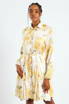 Button Through Belted Godet Tea Dress - Cream Casual Tones