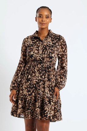 Button Through Tiered Monochrome Floral Tea Dress - Black Cozy Feel