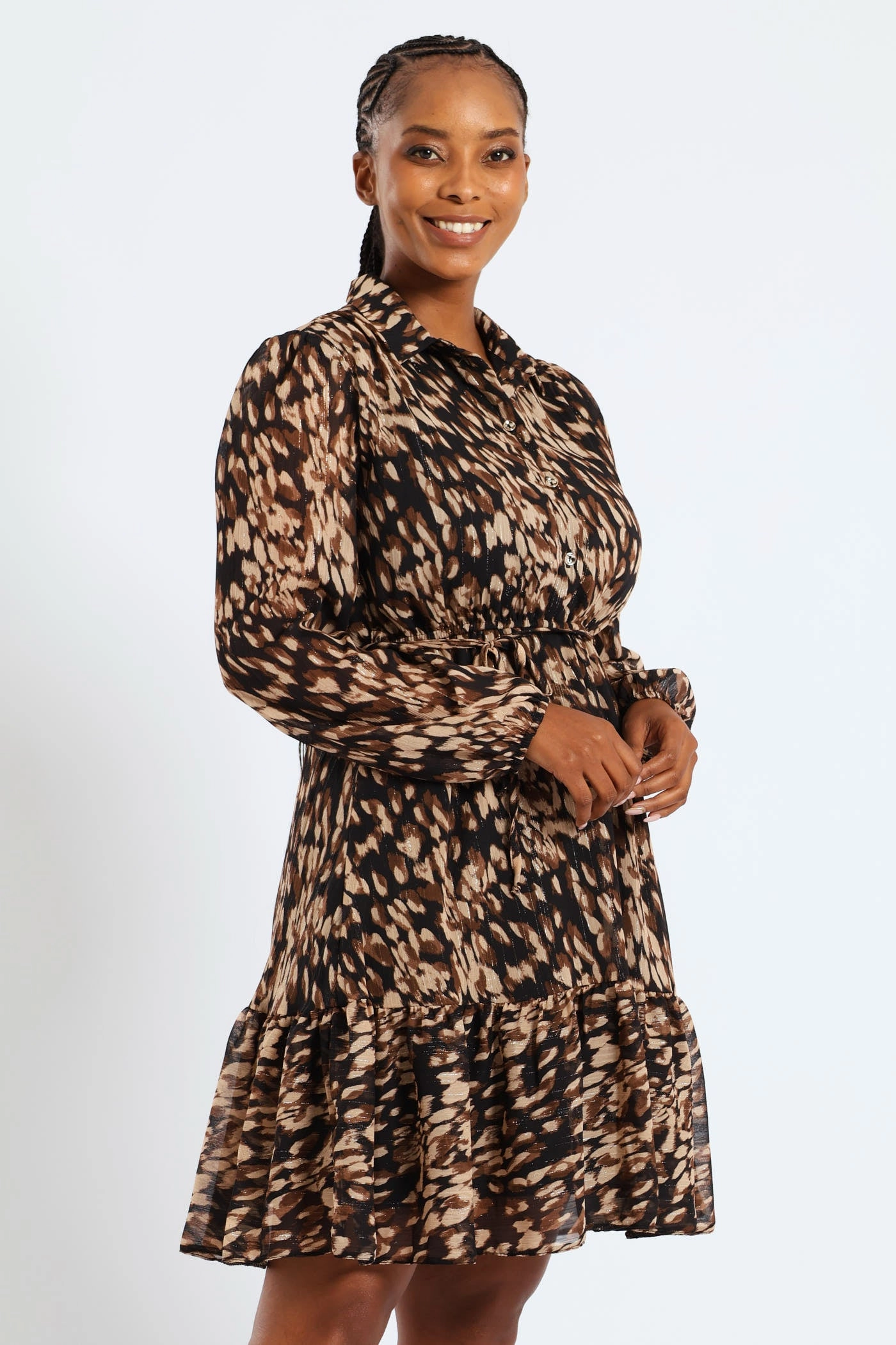 Cozy Vibe Layering Fit Button Through Tiered Monochrome Floral Tea Dress - Black