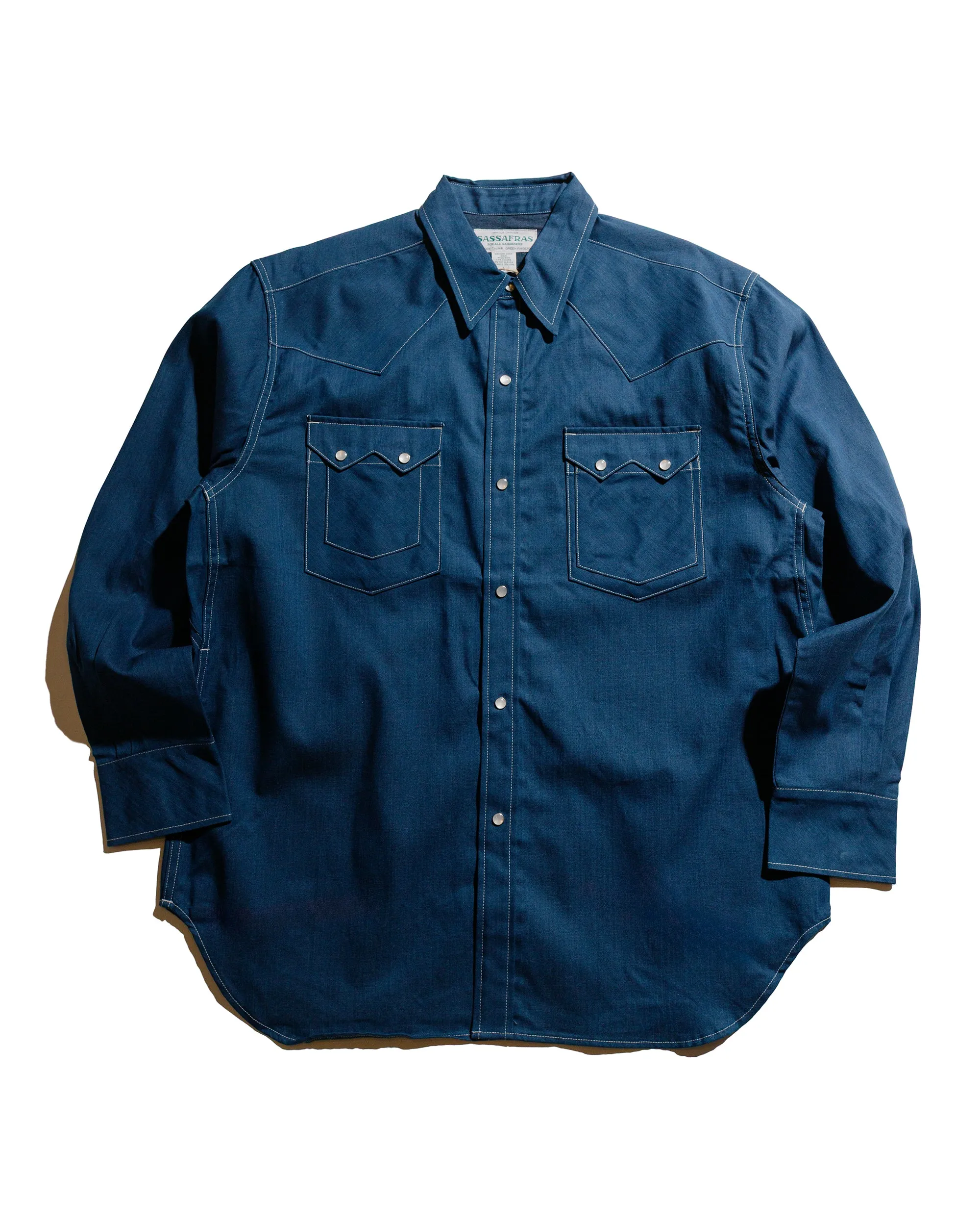 Double Stitched Seams Sassafras Weeds Digger Shirt 6.5oz Herringbone Denim Indigo