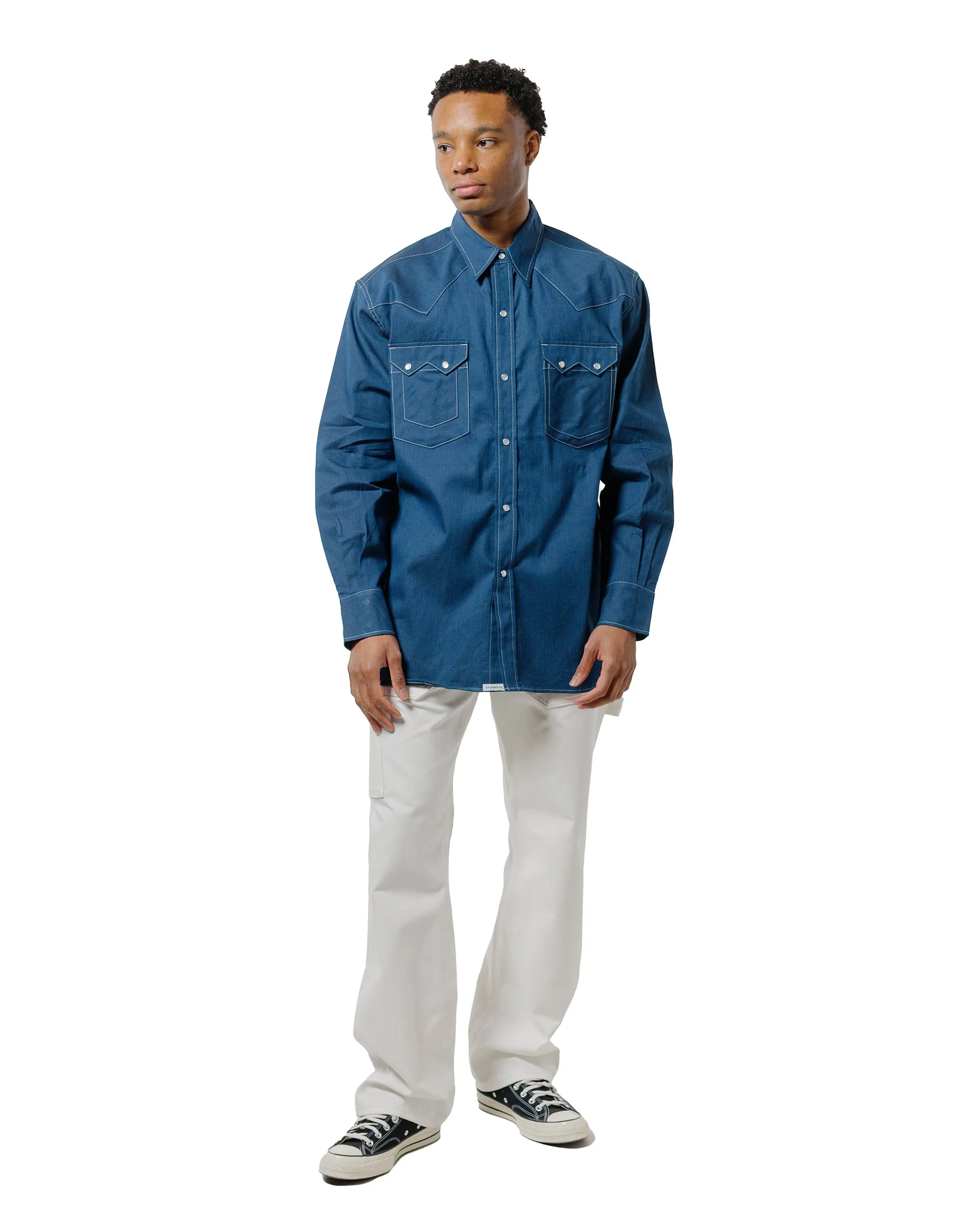 Reinforced Collar Sassafras Weeds Digger Shirt 6.5oz Herringbone Denim Indigo