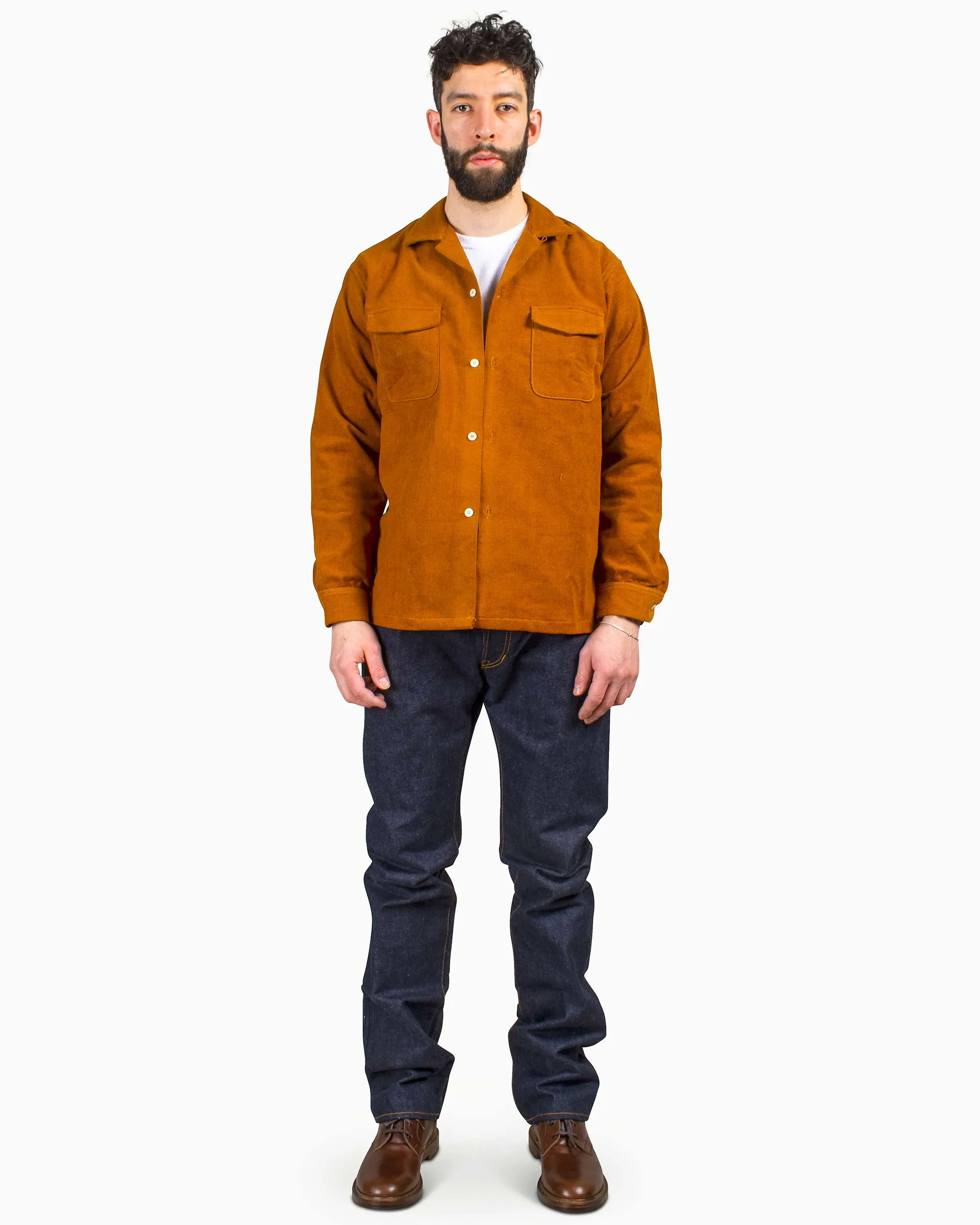 The Real McCoy's MS22102 Corduroy Open Collar Shirt Mustard Reinforced Hems