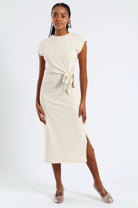 Minimalist Style Timeless Fashion Knot Front Side Slit Midi T-Shirt Dress - Beige/Cream