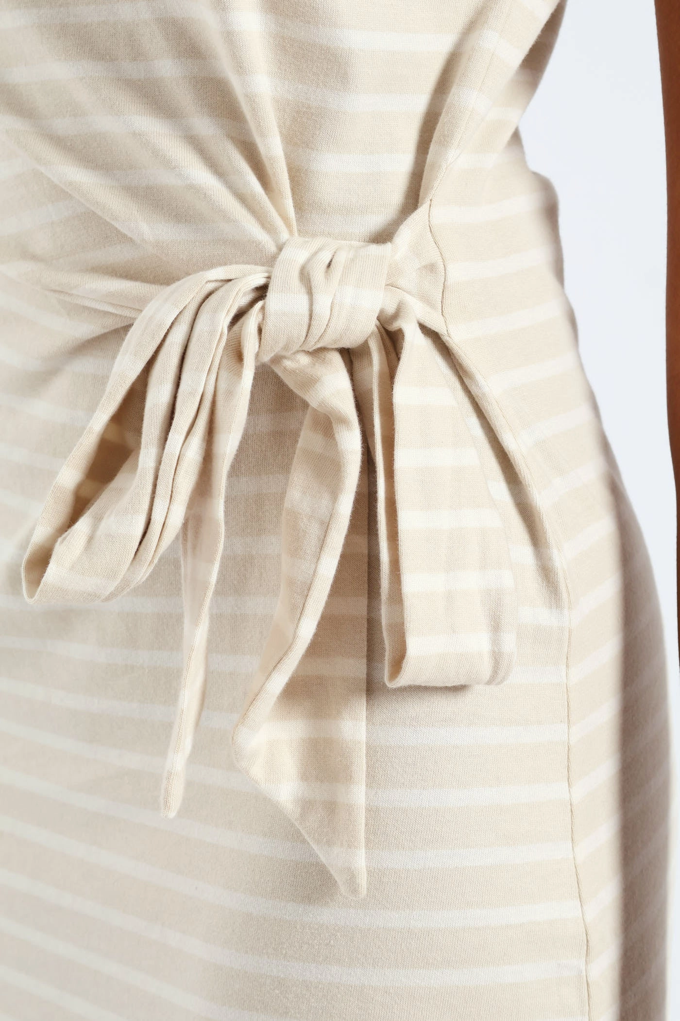 Knot Front Side Slit Midi T-Shirt Dress - Beige/Cream Timeless Comfort