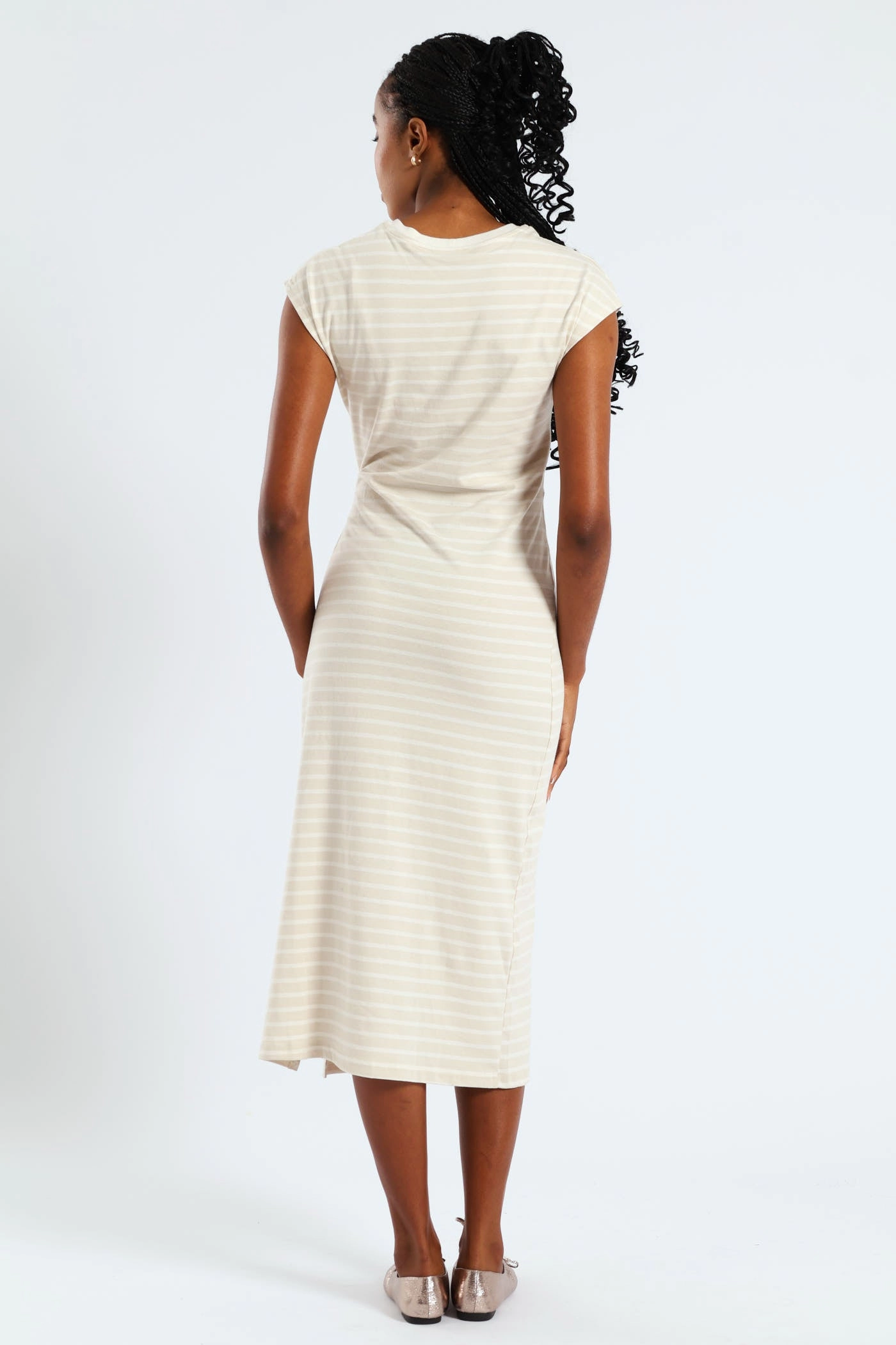Non-Pilling Knot Front Side Slit Midi T-Shirt Dress - Beige/Cream