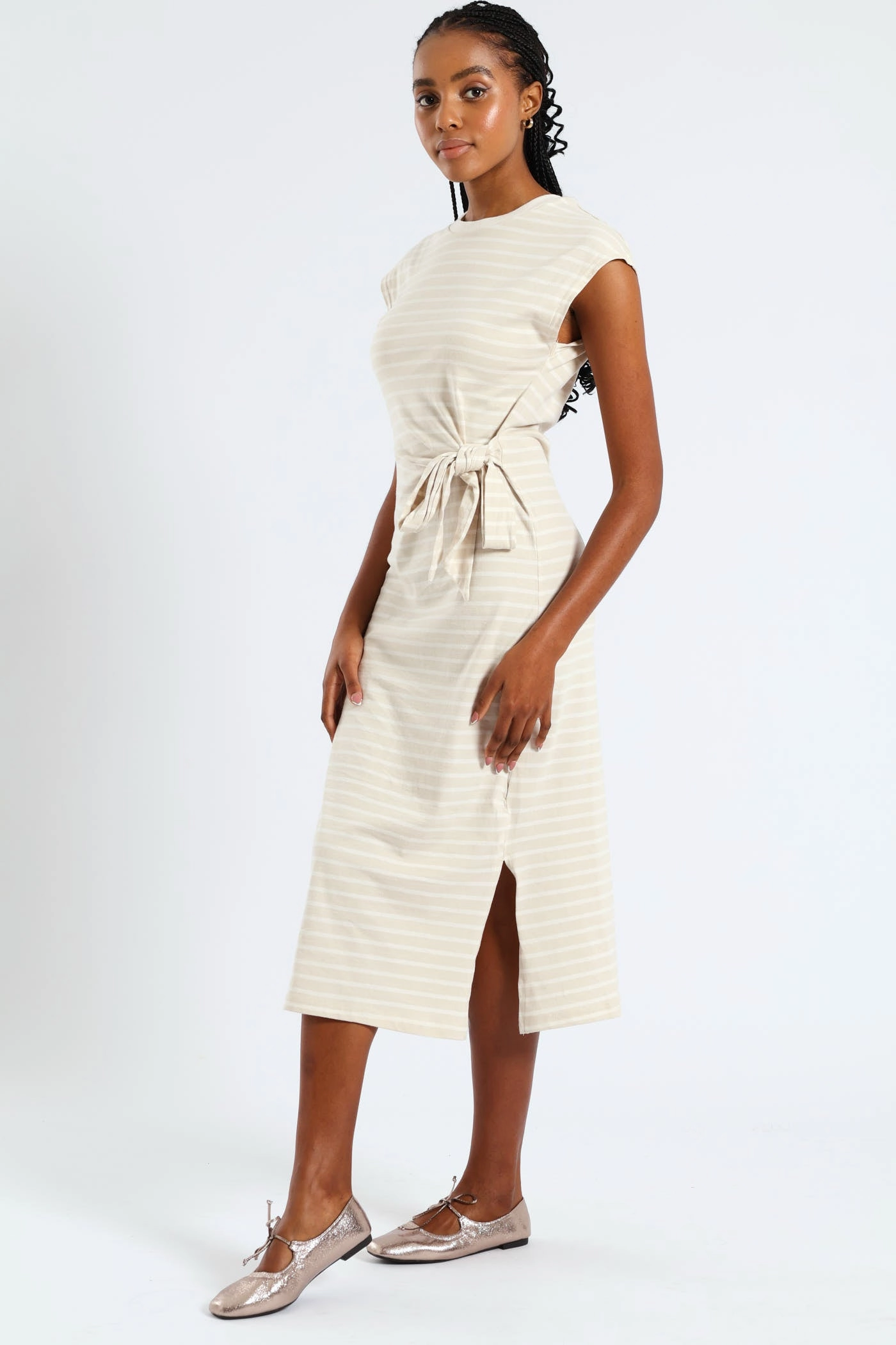 Natural Form Knot Front Side Slit Midi T-Shirt Dress - Beige/Cream