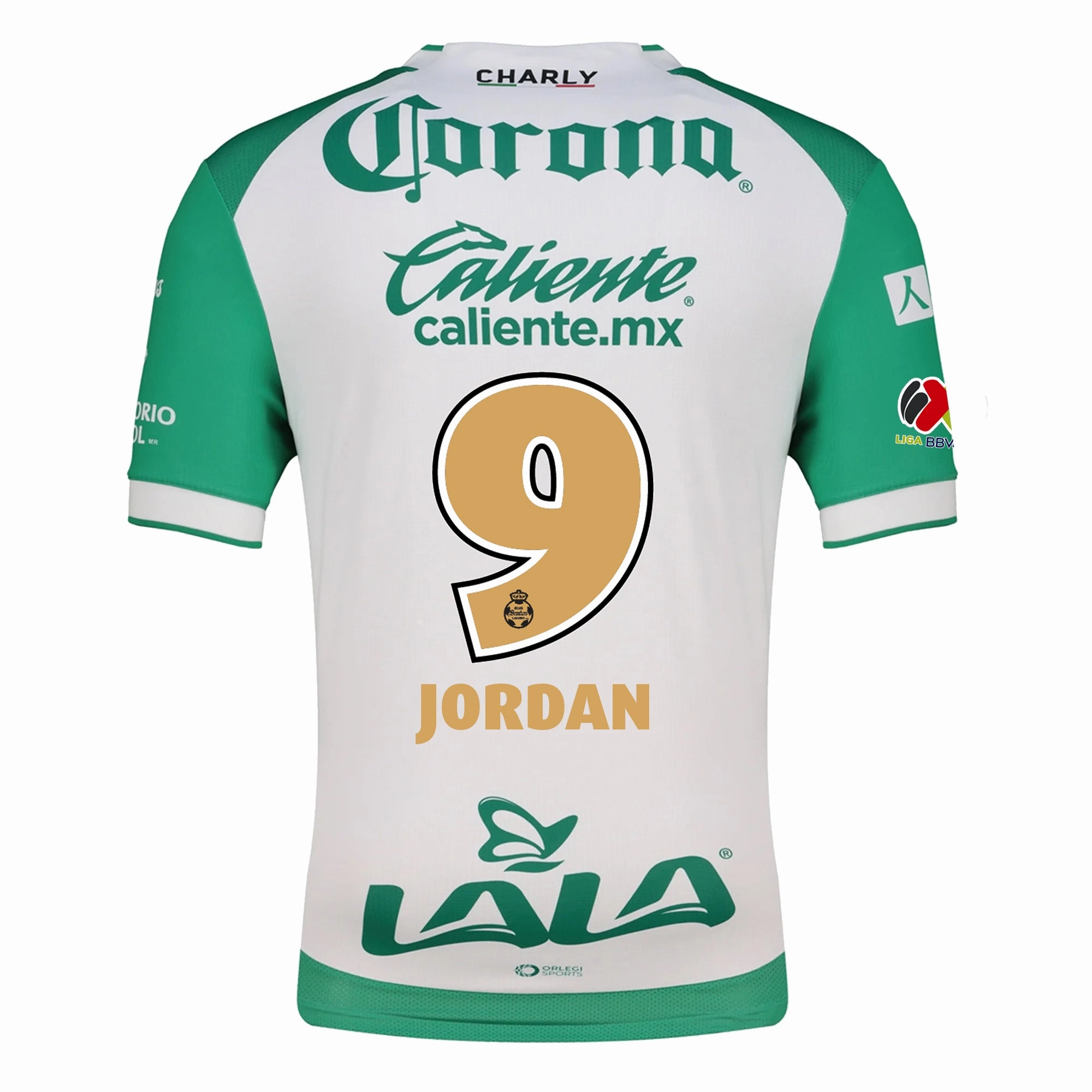 Charly Jordan Cerillo Men's Santos Laguna Home Jersey 25/26 w/ BBVA MX Patches (Green/White) Reinforced Stress Point Stitching Multi Panel Construction