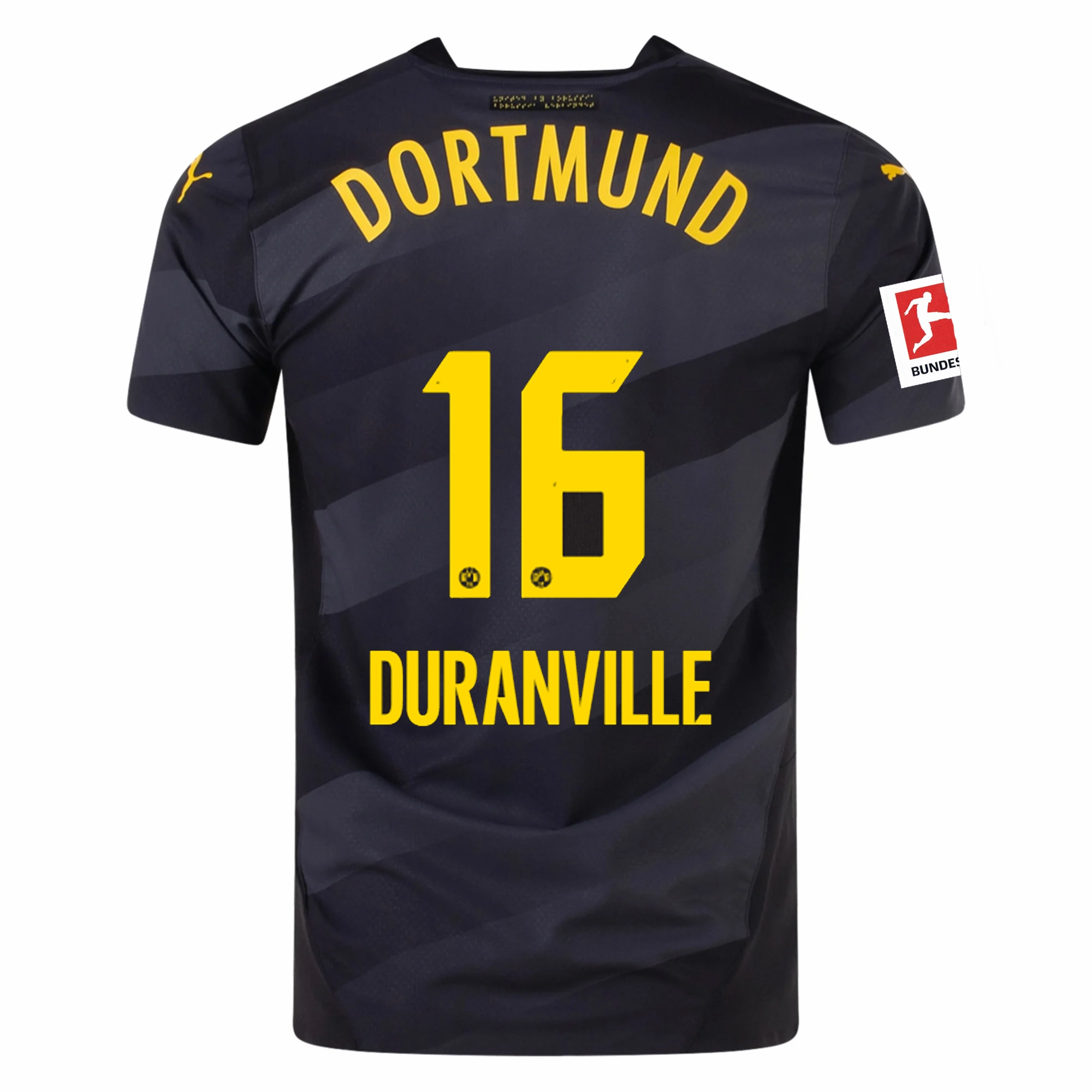 Puma Borussia Dortmund Authentic Julien Duranville Away Jersey w/ Bundesliga Patch 24/25 (Puma Black/Faster Yellow) Friction Free Seams