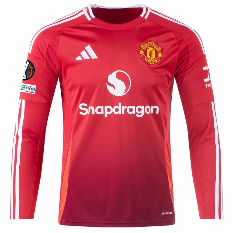 adidas Manchester United Christen Erkisen Long Sleeve Home Jersey w/ Europa League Patches 24/25 (Red) Fade Resistant Finish Multipanel Construction