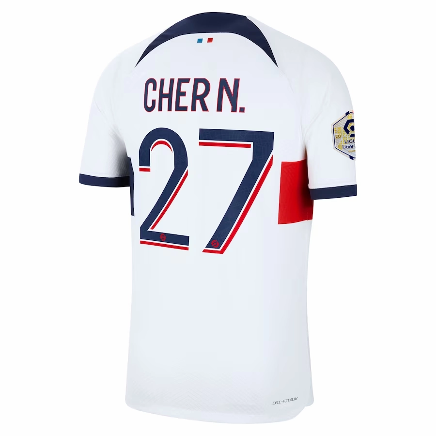 Nike Paris Saint-Germain Authentic Cher Match Vaporknit Away Jersey w/ Ligue 1 Patch 23/24 (White/Midnight Navy) Layered Paneling