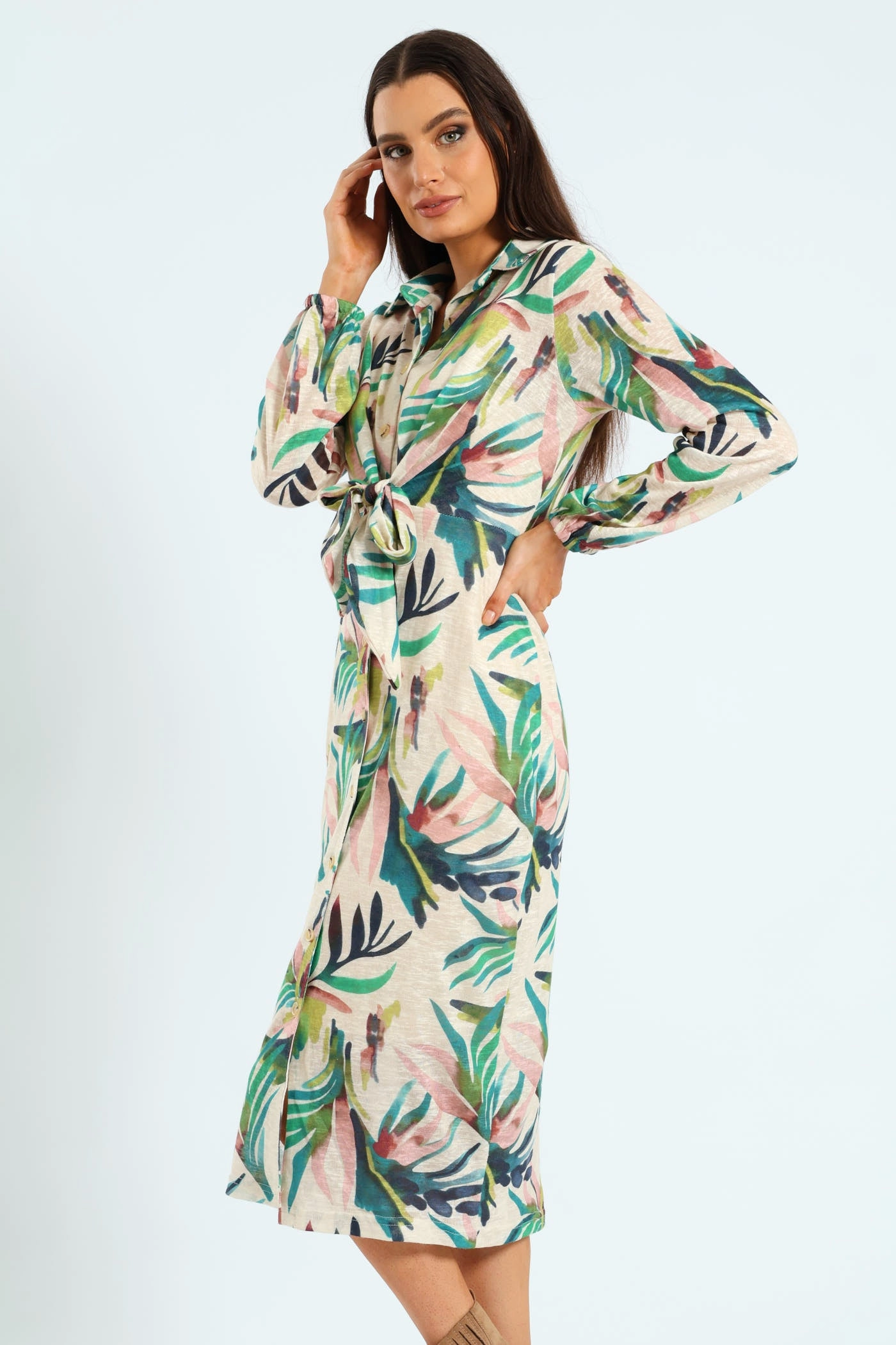 Tie Front Cut & Sew Midaxi Shirt Dress Side-Pocket