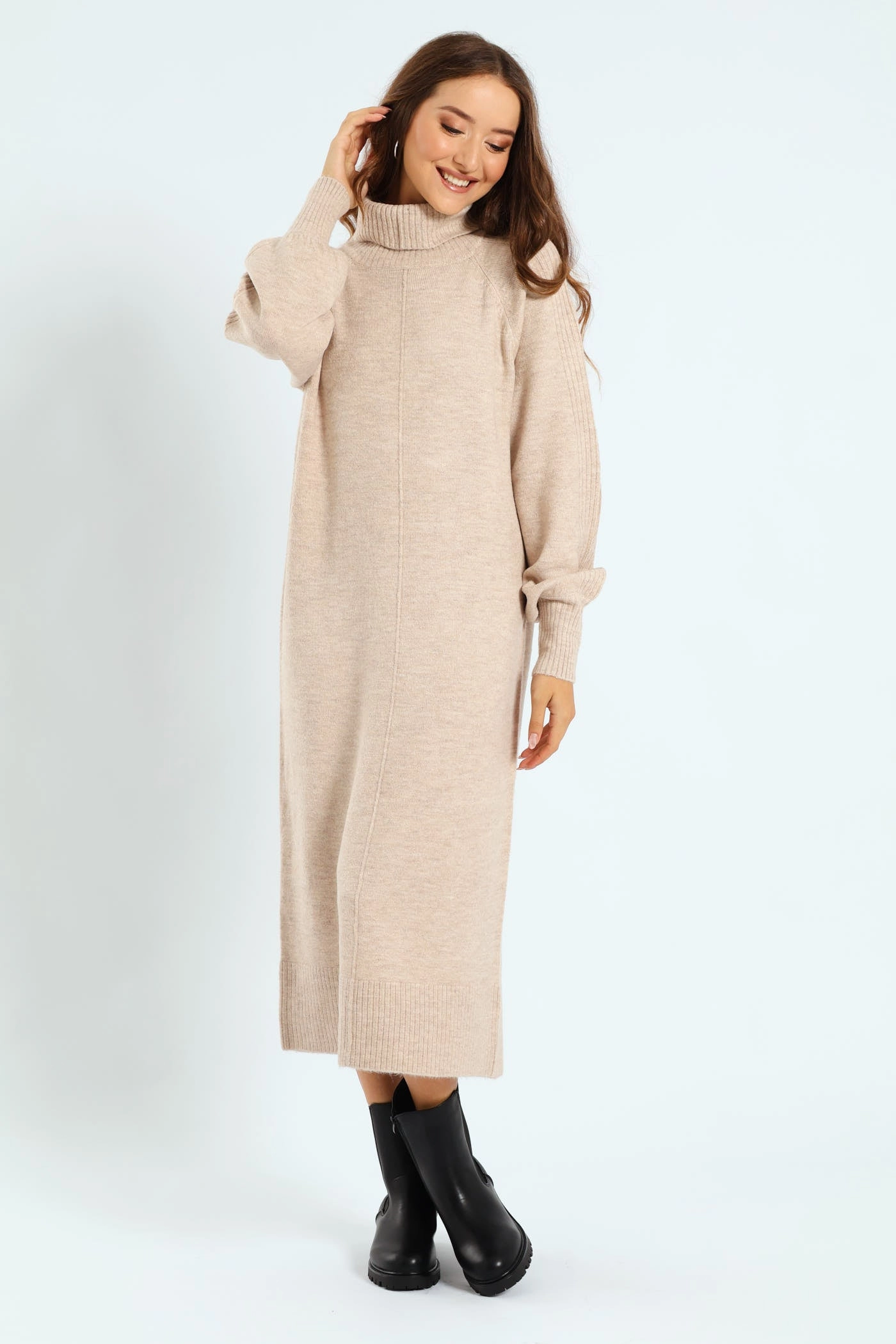 Cotton Touch Balloon Sleeve Roll Neck Midi Dress - Oatmeal Melange