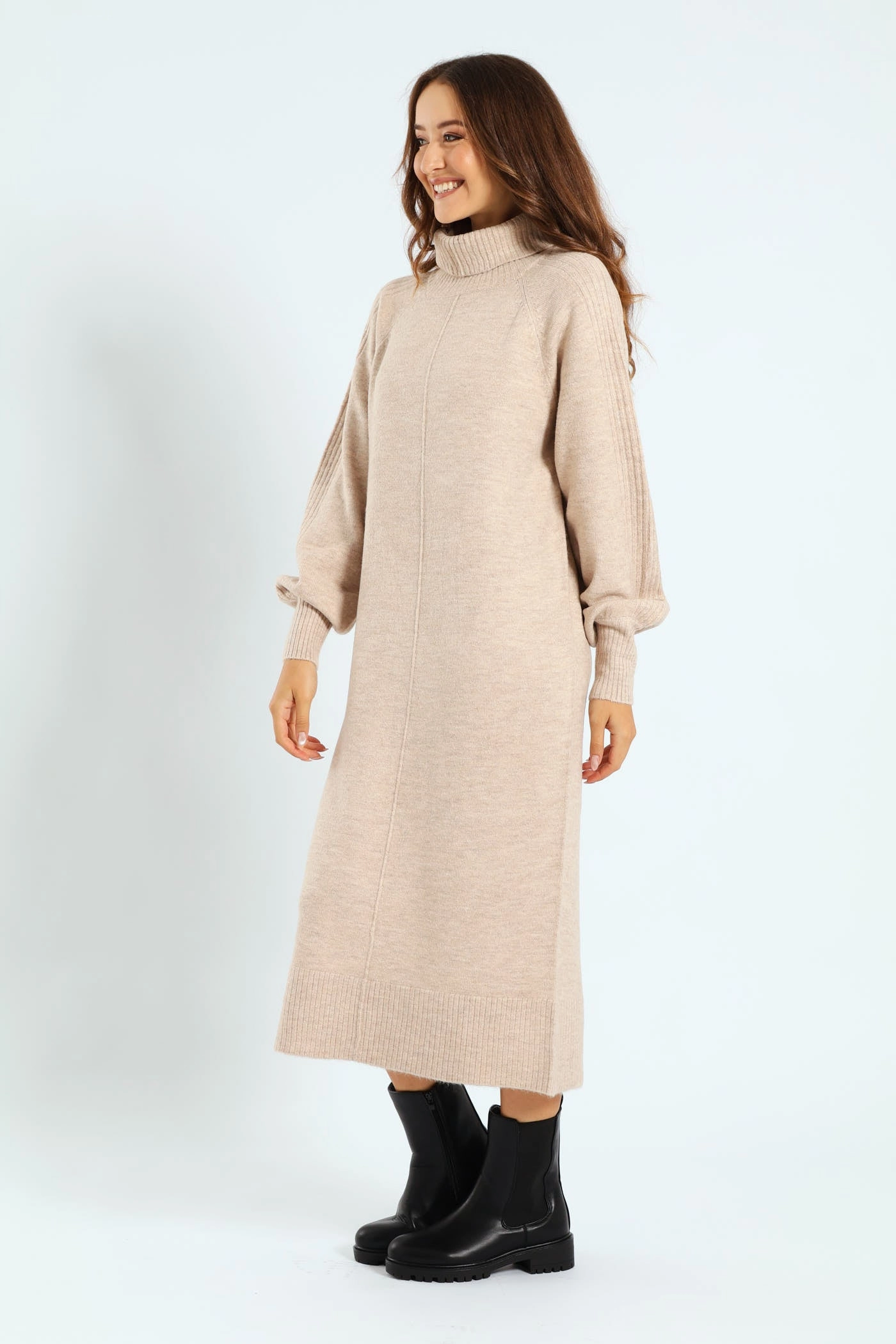 Modern Soft Balloon Sleeve Roll Neck Midi Dress - Oatmeal Melange