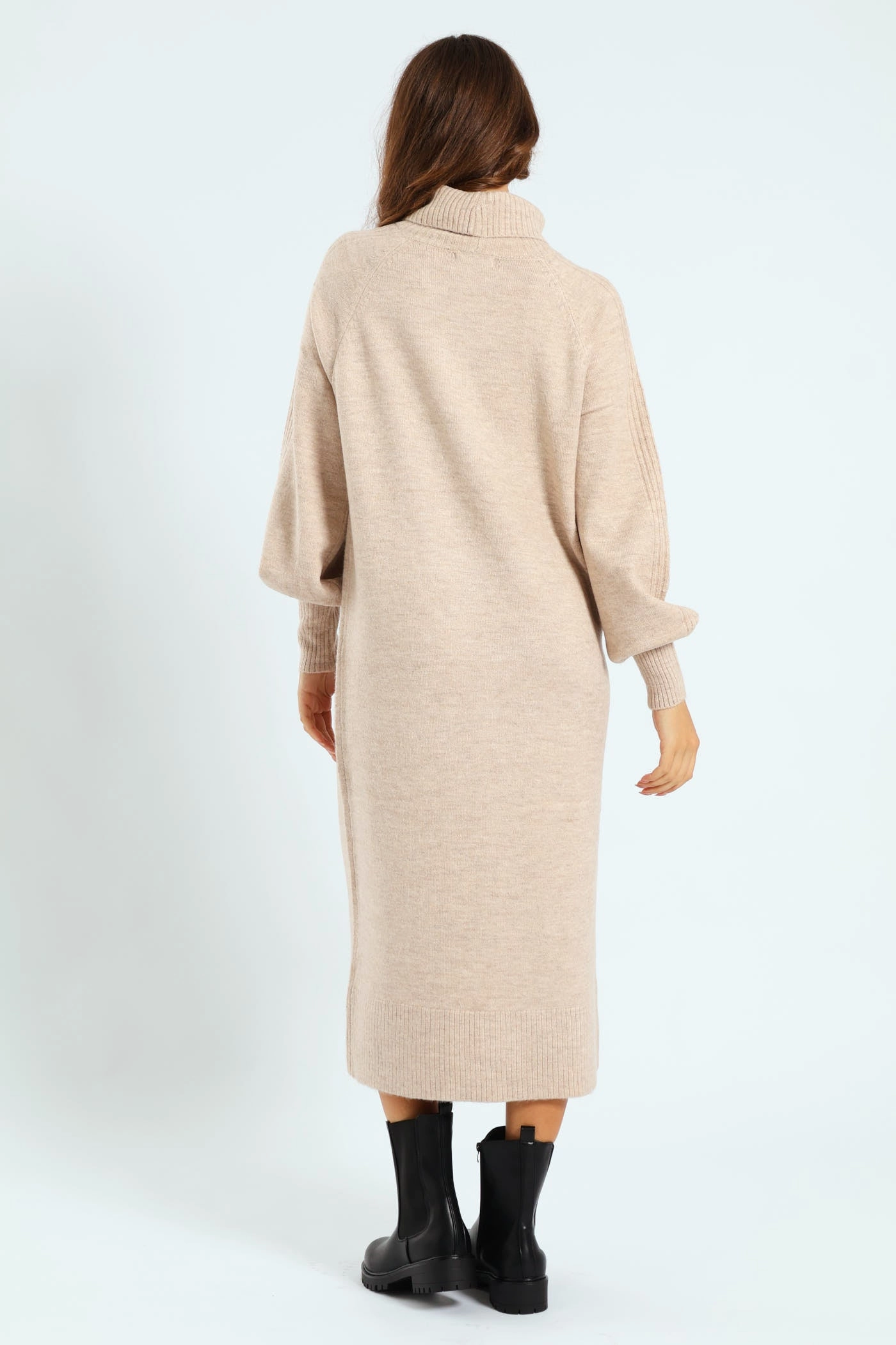 Timeless Cut Side Pleats Balloon Sleeve Roll Neck Midi Dress - Oatmeal Melange