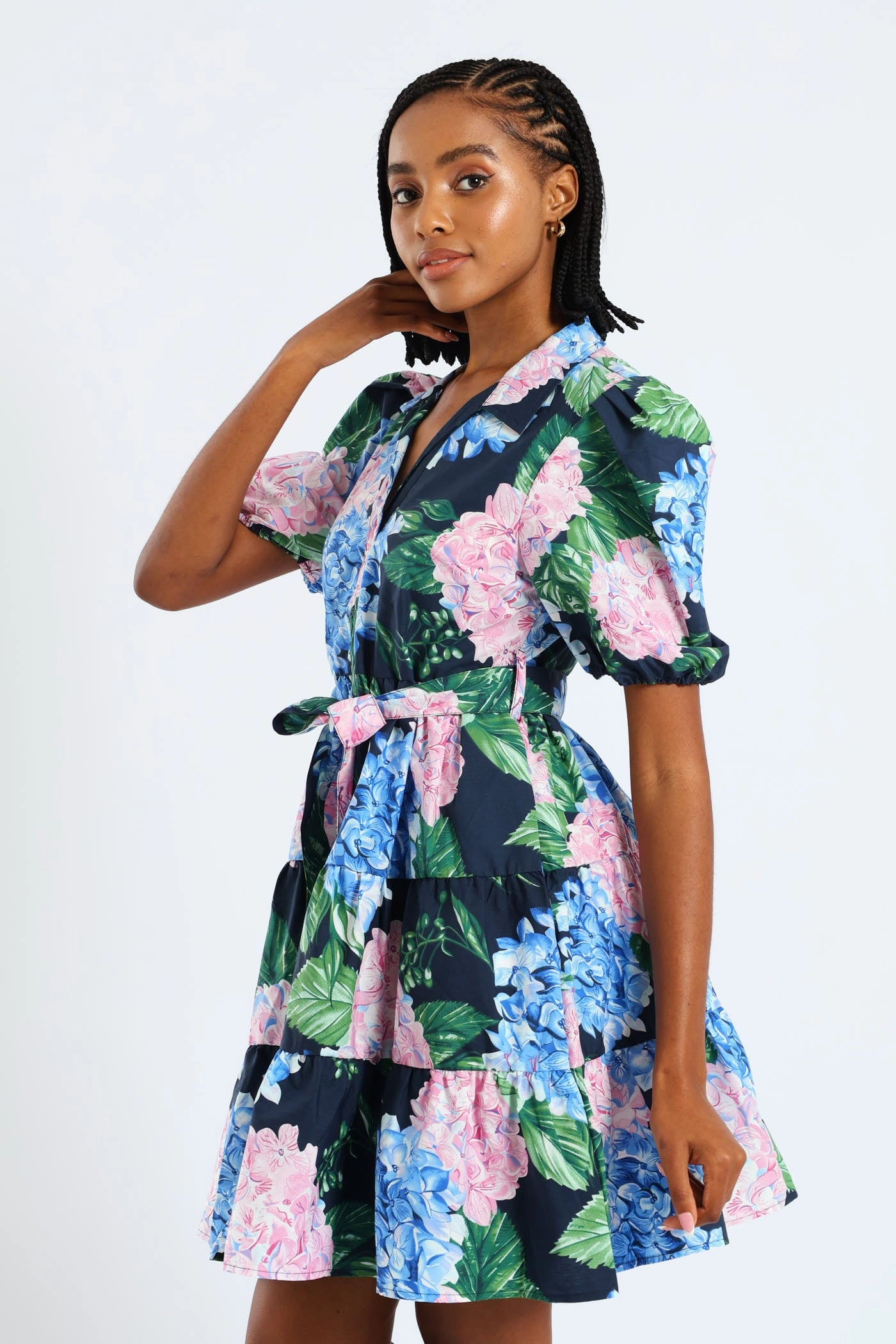 Fashionable Comfort Wear Low-Waist Collared Belted Tiered Shirt Dress - Multi