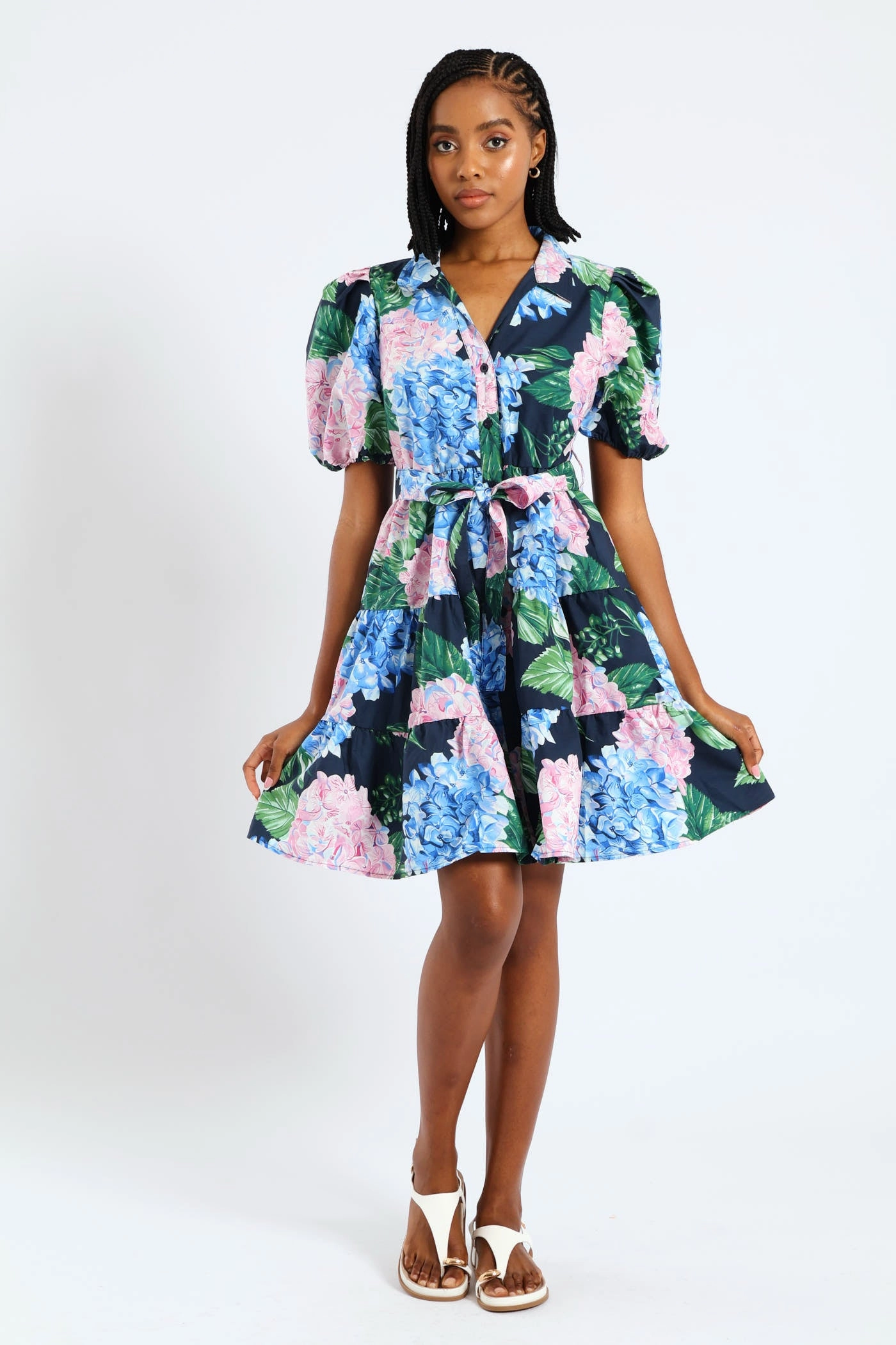 Tulle Air Office Mood Collared Belted Tiered Shirt Dress - Multi
