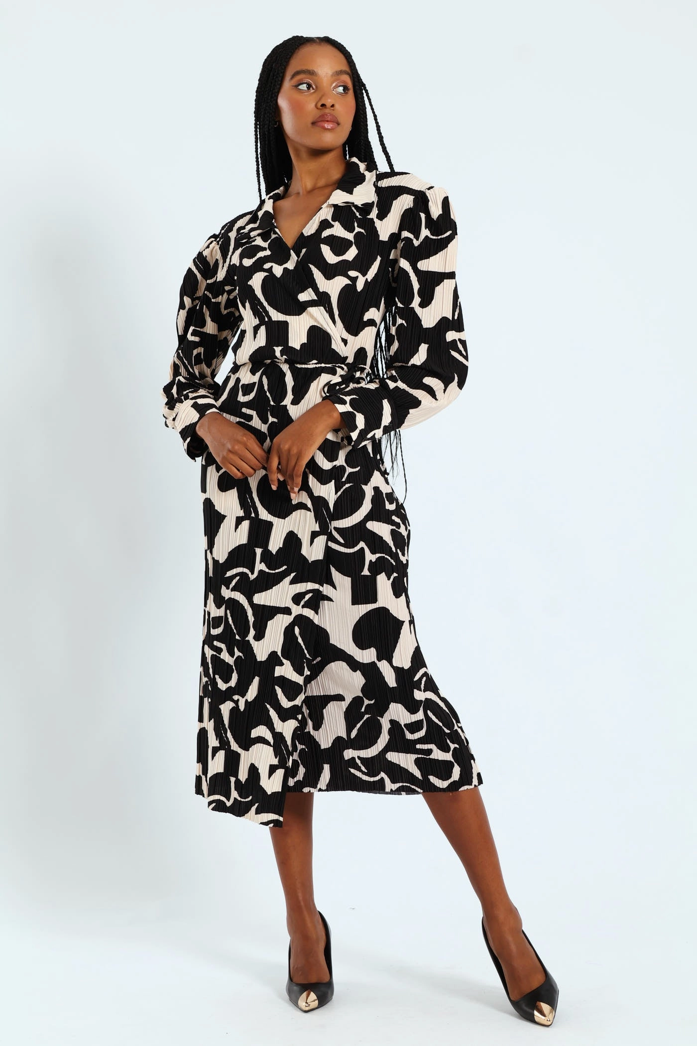 Collared Monochrome Plisse Midi Dress Clean Aesthetic