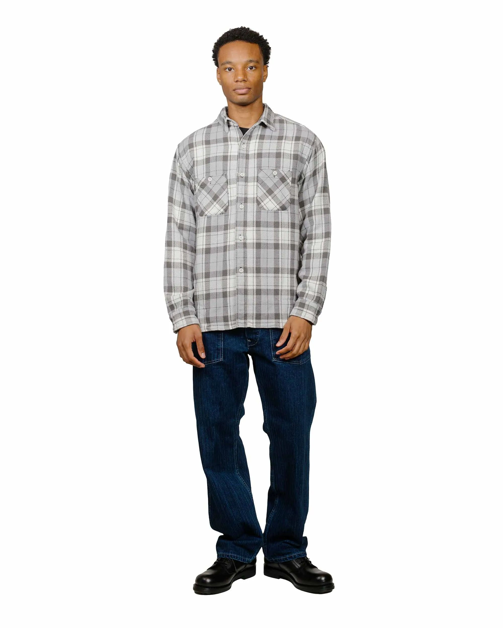 high-low hem The Real McCoy's MS24007 8HU Block Check Summer Flannel Shirt Snow Gray