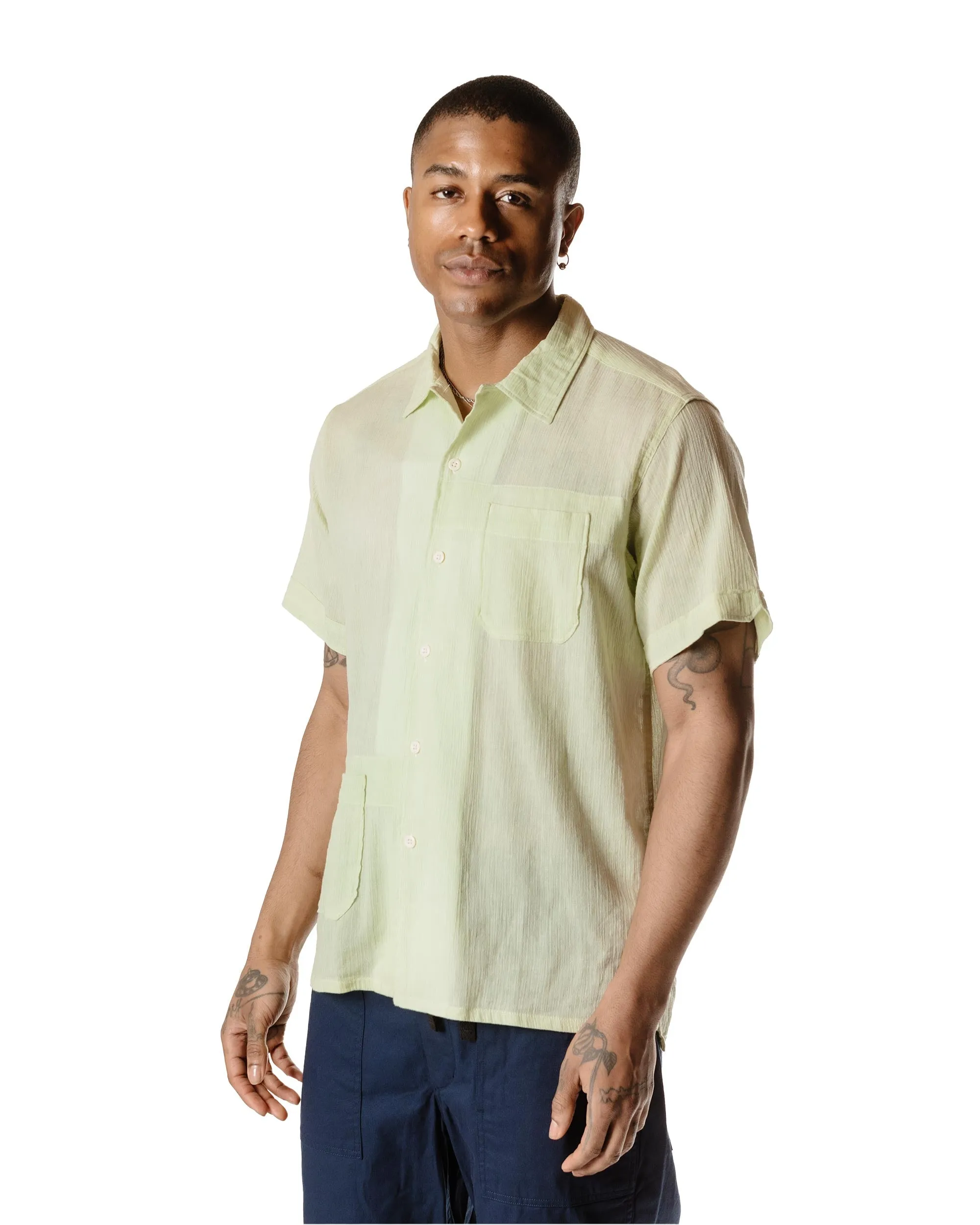 Engineered Garments Camp Shirt Lime Cotton Crepe Stretch Fit Technology