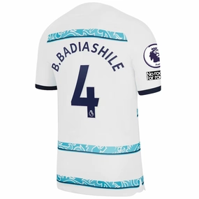 Nike Chelsea Badiashile Away Jersey w/ EPL   Club World Cup Patches 22/23 (White/College Navy) Move Support Quick Evaporate Technology