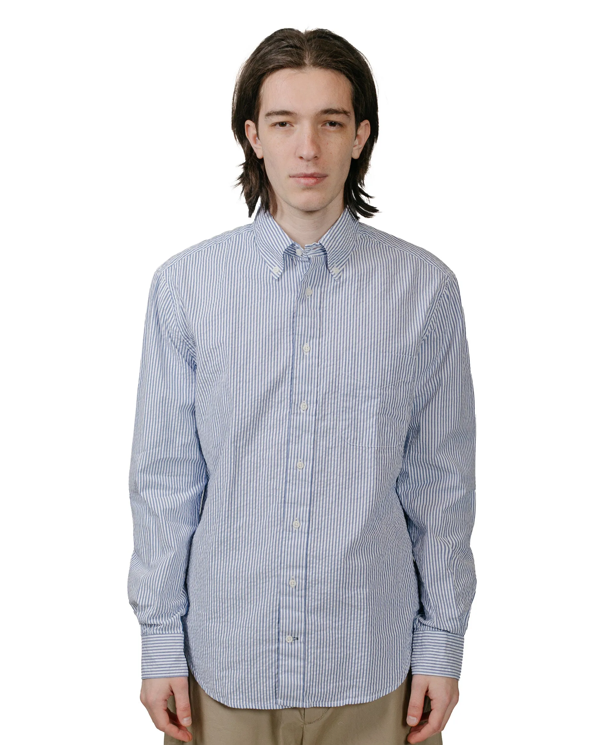 Gitman Vintage Bros. Blue Stripe Seersucker Shirt Layered Hemline Lakeside Relaxation