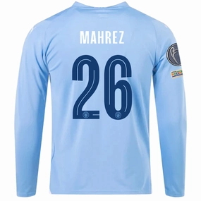 Puma Manchester City Riyad Mahrez Home Long Sleeve Jersey w/ Champions League   Club World Cup Patches 23/24 (Team Light Blue/Puma White) Stretchable Side Inserts