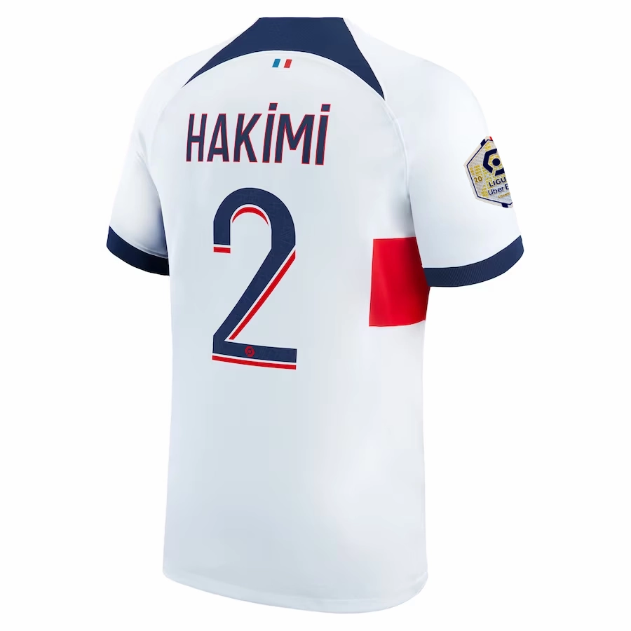 Nike Paris Saint-Germain Achraf Hakimi Away Jersey w/ Ligue 1 Patch 23/24 (White/Midnight Navy) Crisp Look