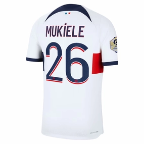 Nike Paris Saint-Germain Authentic Mukiele Match Vaporknit Away Jersey w/ Ligue 1 Patch 23/24 (White/Midnight Navy) Dynamic Performance