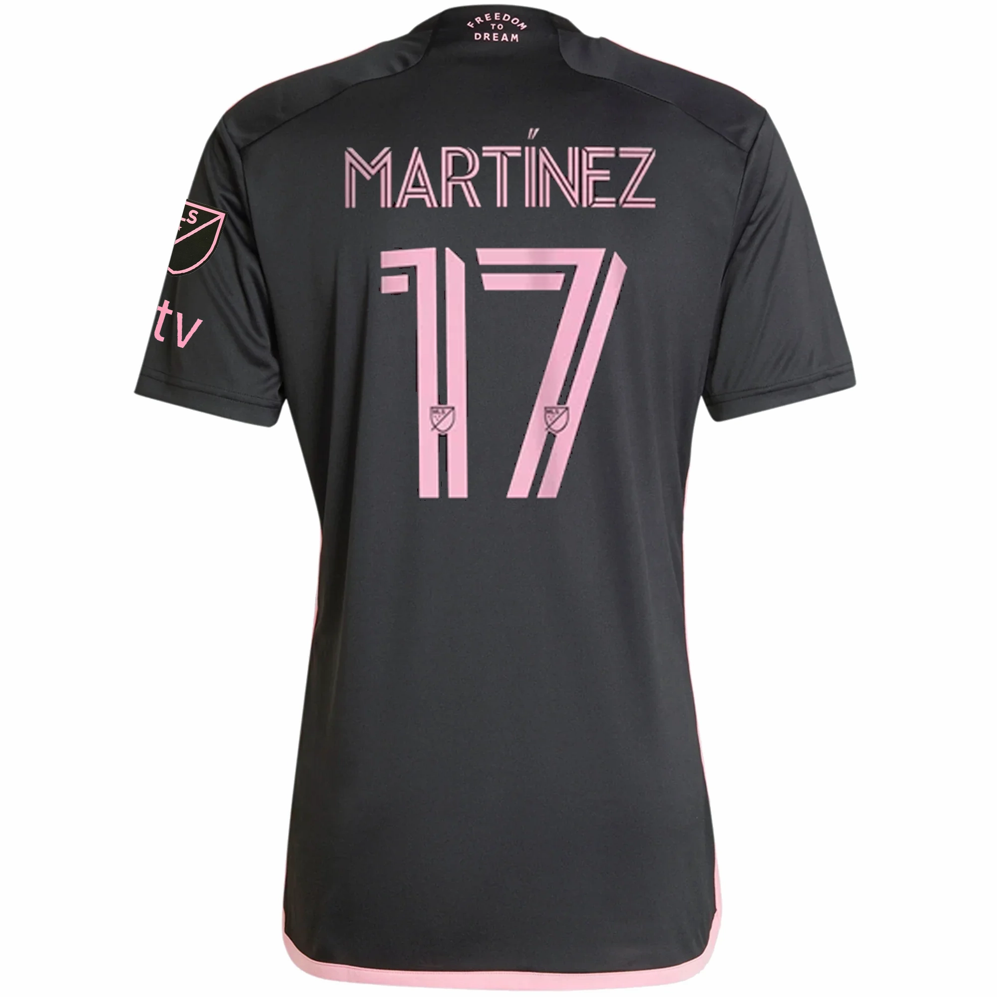 Colorfast Dye Methods Reinforced Shoulders adidas Inter Miami Josef Martinez Royal Caribbean Away Jersey w/ MLS   Apple TV Patches 23/24 (Black/Bliss Pink)