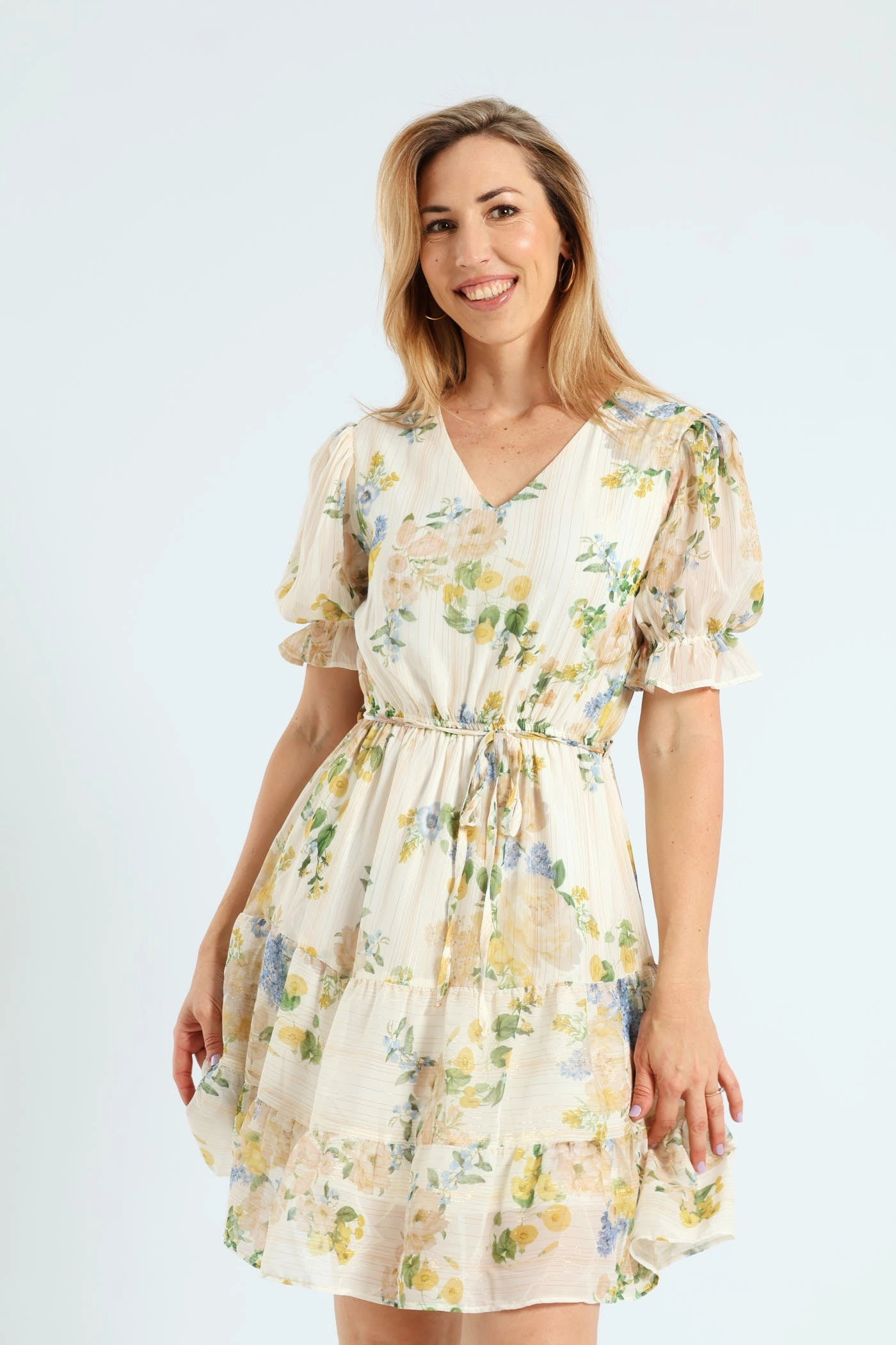 V-Neck Waisted Floral Frill Hem Tea Dress - Cream Chic Tone Refined Mood