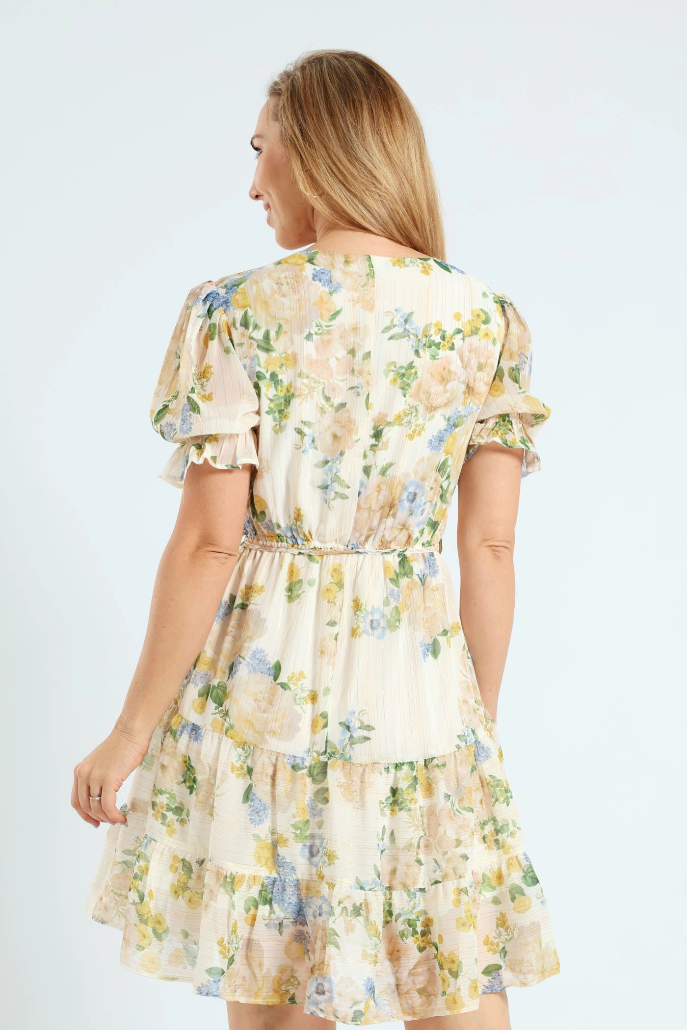 V-Neck Waisted Floral Frill Hem Tea Dress - Cream HypoallergenicFiber
