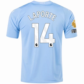Puma Manchester City Aymeric Laporte Home Jersey w/ EPL   No Room For Racism   Club World Cup Patches 23/24 (Team Light Blue/Puma White) Durable Material