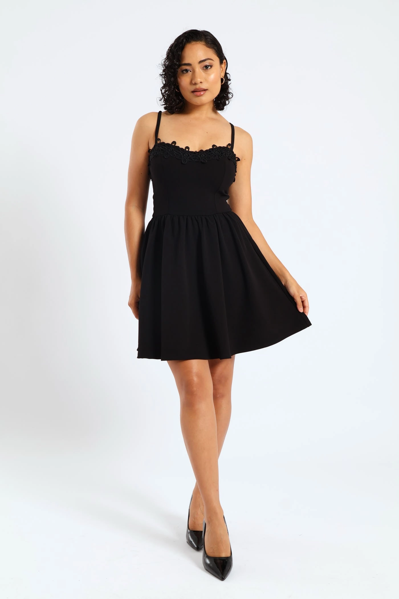 Artistic Flair Asymmetric Ruffle Skirt & Crochet Mini Dress - Black