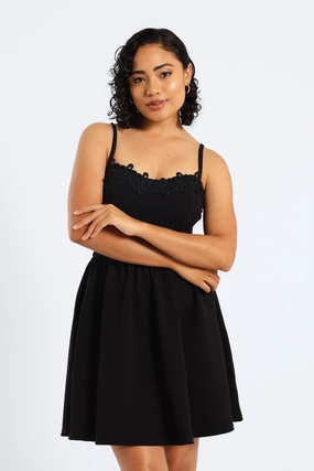 Multi Season Layered Fit Asymmetric Ruffle Skirt & Crochet Mini Dress - Black