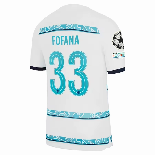 Reflective Trim Nike Chelsea Fofana Away Jersey w/ Champions League   Club World Cup Patches 22/23 (White/College Navy)