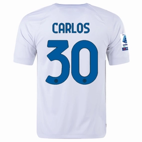 Nike Inter Milan Carlos Away Jersey w/ Series A   Copa Italia Patches 23/24 (White/Lyon Blue) Comfort Stretch Fit Tear Resistant Fabric
