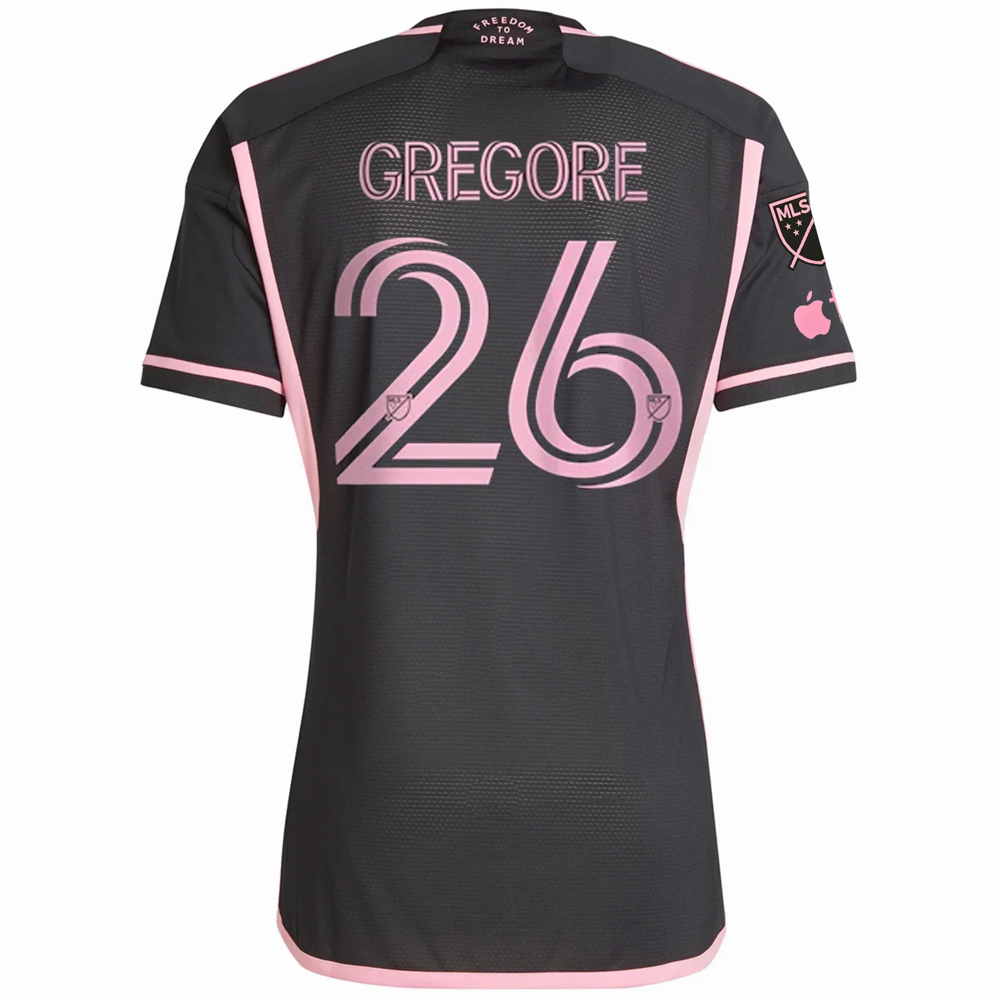 adidas Inter Miami Authentic Gregore Royal Caribbean Away Jersey w/ MLS   Apple TV Patches 23/24 (Black/Bliss Pink) Odor Resistant Treatment Recycled Material Blend