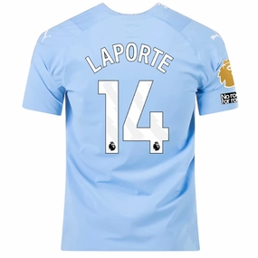 Puma Manchester City Authentic Aymeric Laporte Home Jersey w/ EPL   No Room For Racism    Club World Cup Patches 23/24 (Team Light Blue/Puma White) Non Chafe Stitching Oversized Fit