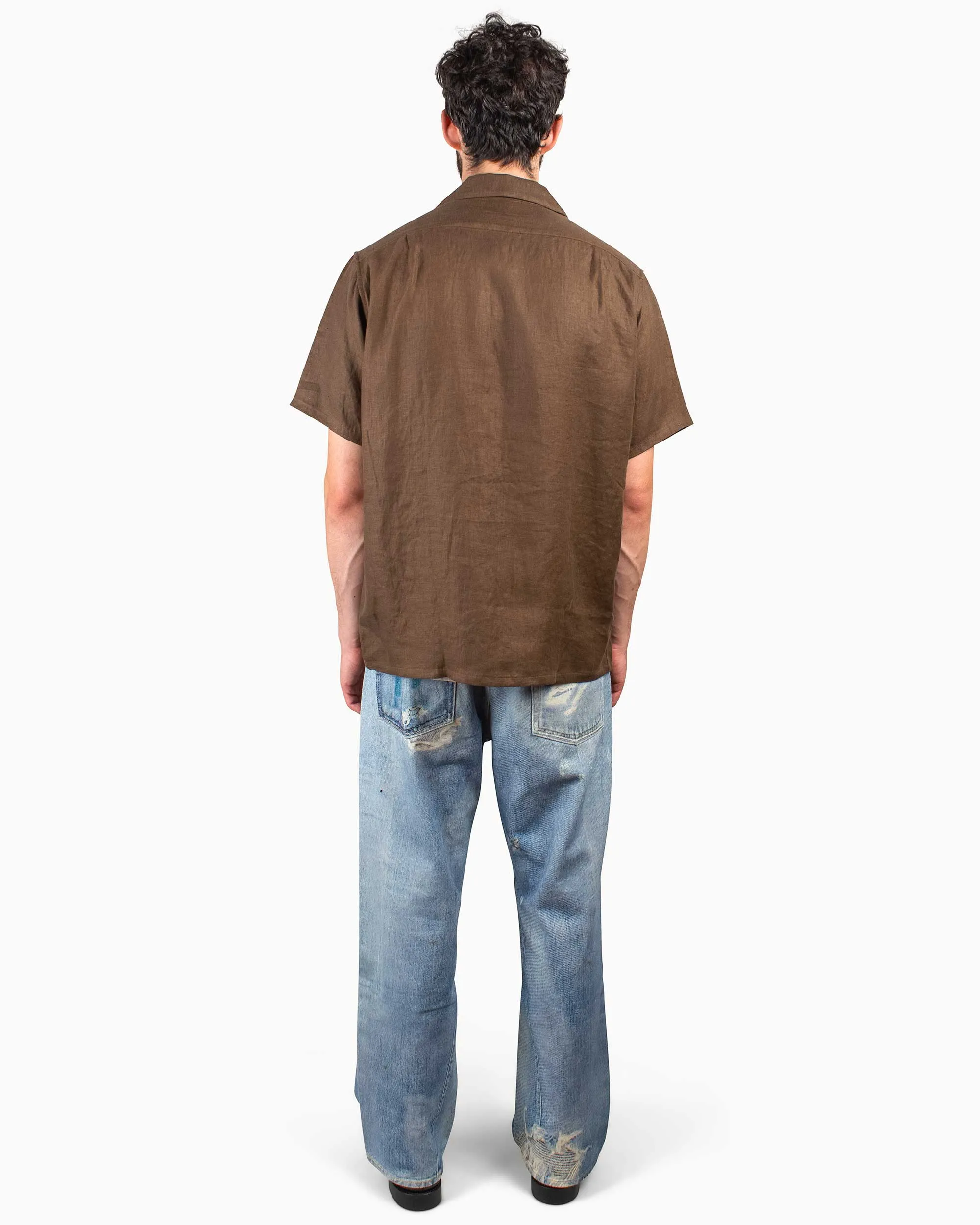 The Real McCoy's MS22010 Linen Open Collar Shirt Brown Recycled Polyester Blend