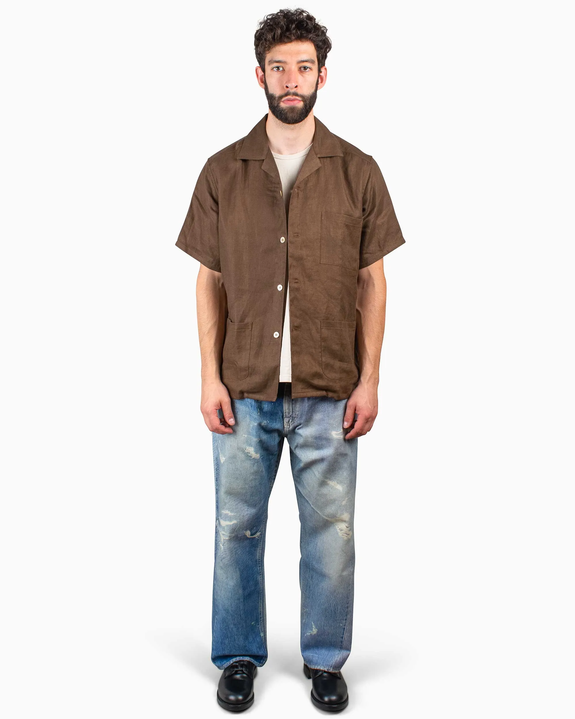 Zip Front The Real McCoy's MS22010 Linen Open Collar Shirt Brown