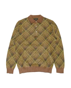 Beams Plus Knit Polo Plaid Brown Winter Layer