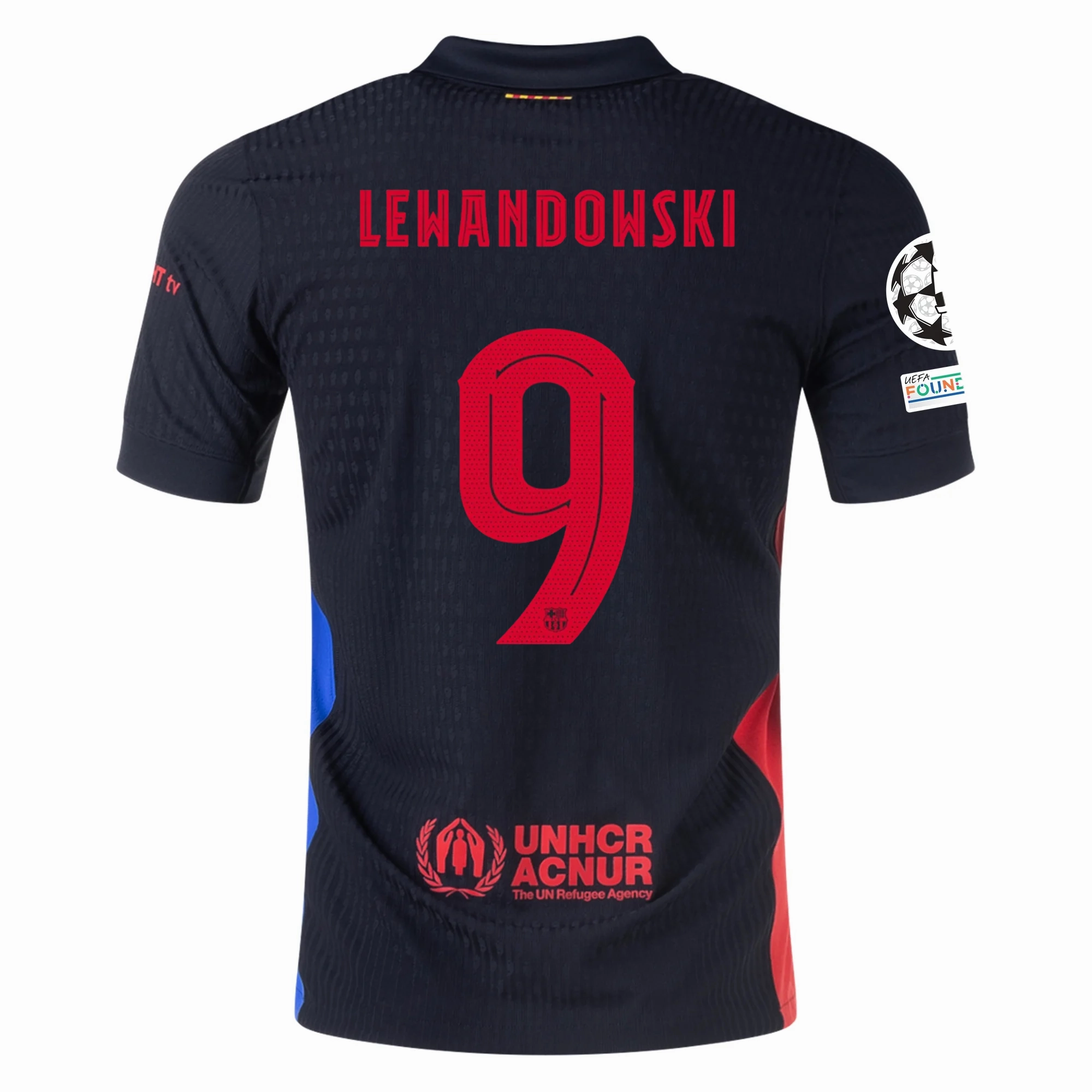 Nike Barcelona Authentic Robert Lewandowski Away Jersey w/ Champions League Patches 24/25 (Black/University Red/Hyper Royal) Breathable activewear Performance Driven Structure
