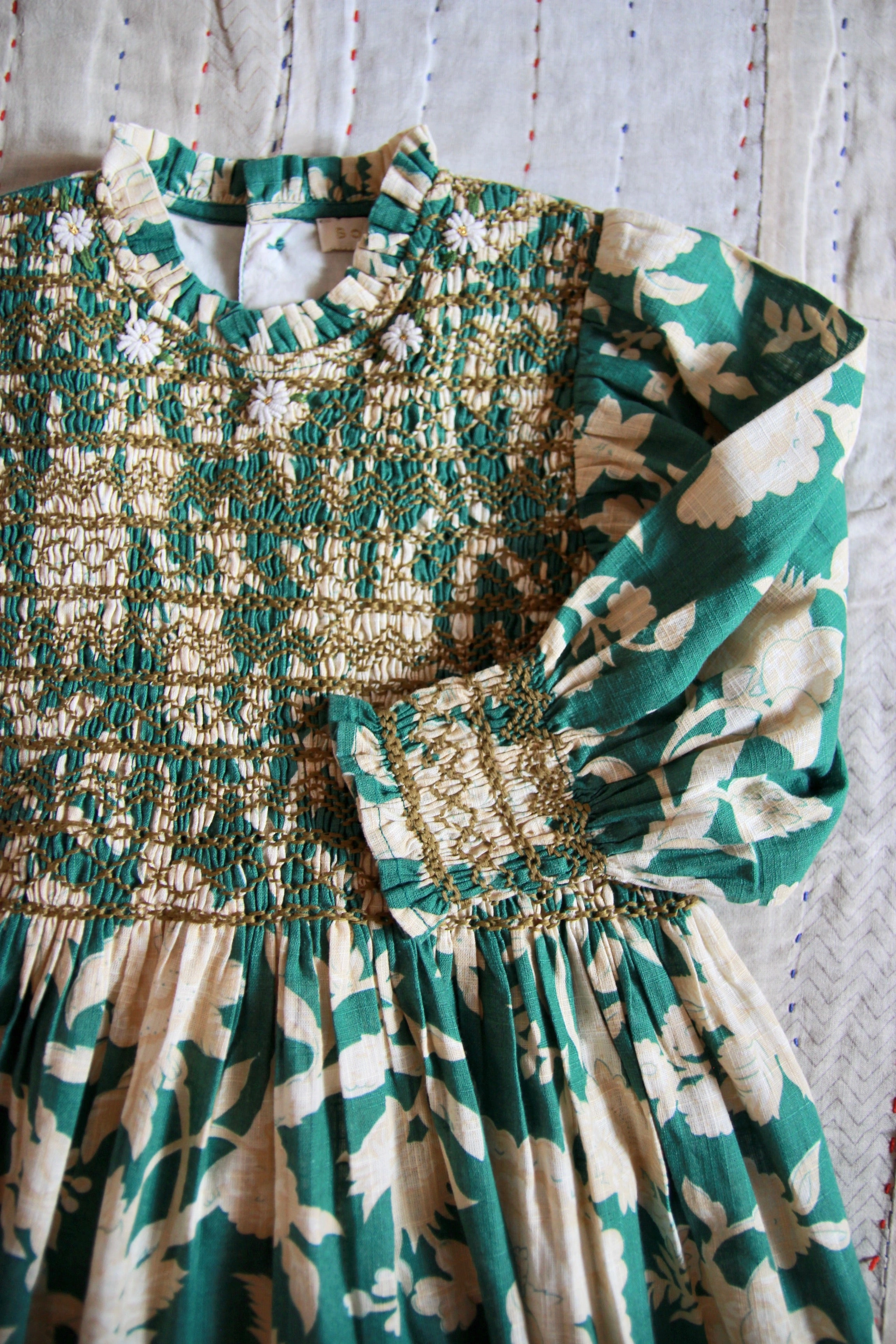 Bonjour Diary Handsmock Dress, Autumnal green flowers Fall Go