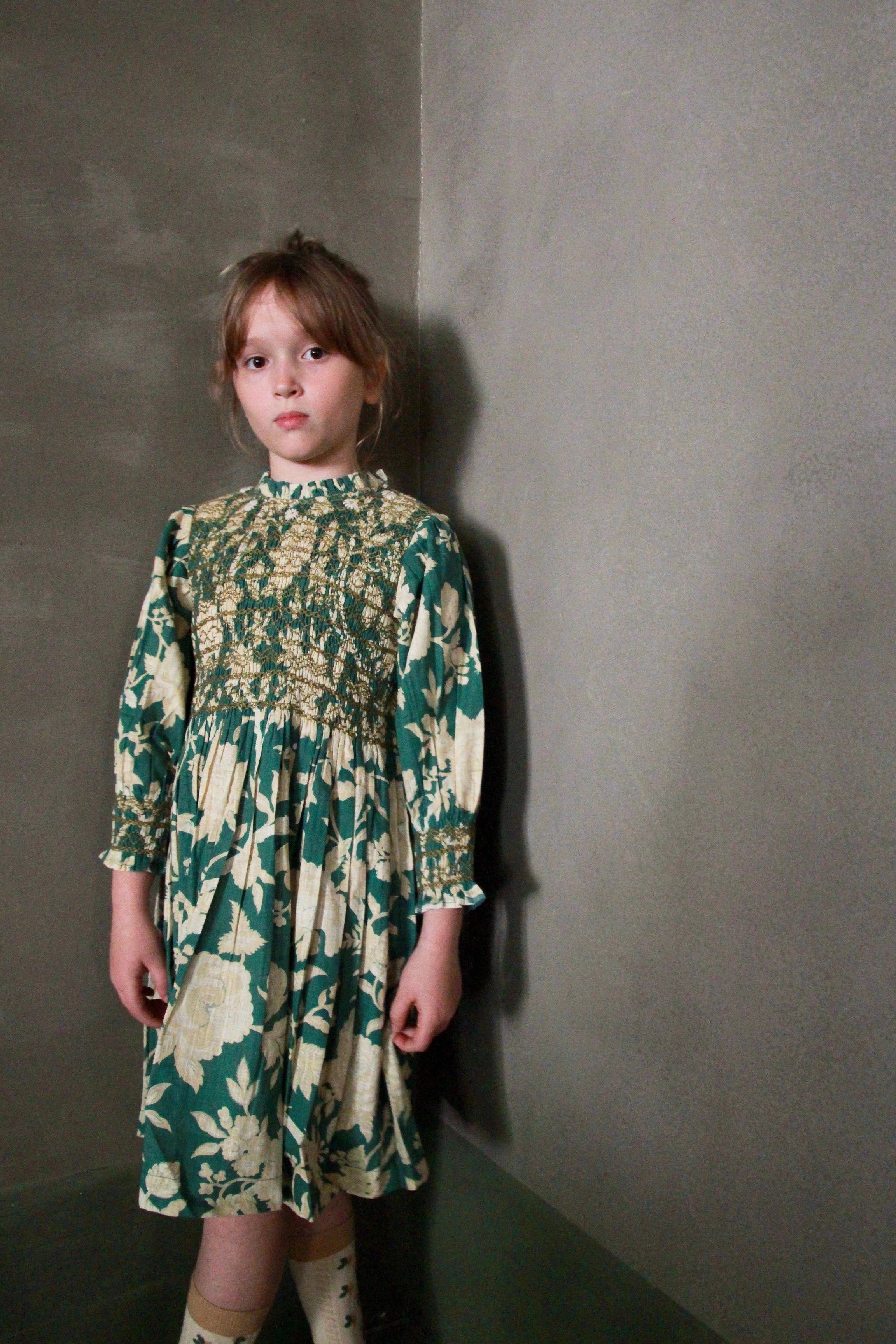 Bonjour Diary Handsmock Dress, Autumnal green flowers Low-Waist Smart Fashion