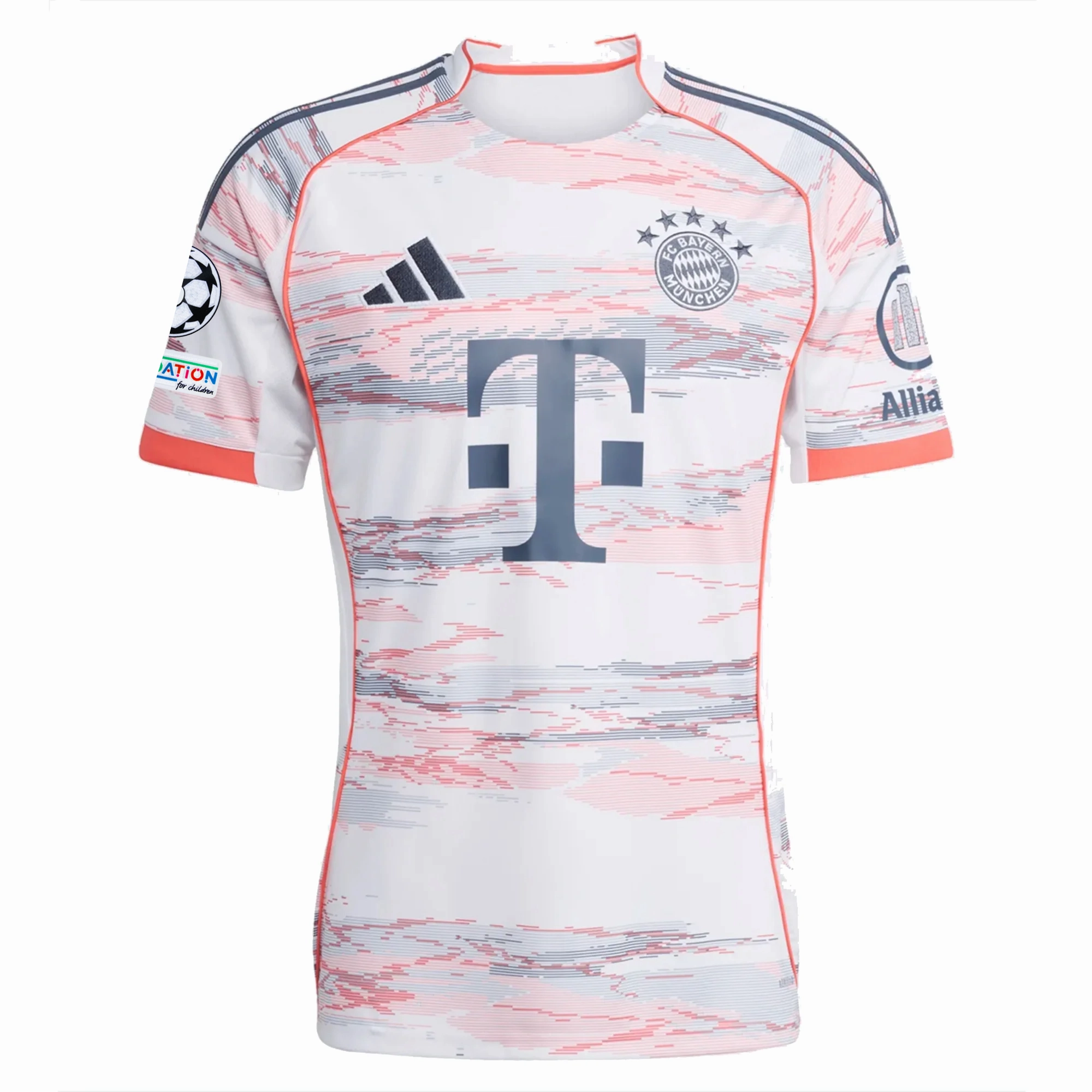 adidas Bayern Munich Harry Kane Away Jersey w/ Champions League Patches 25/26 (White/Red) 3D Knit Seamless Pattern Flex Fit Construction