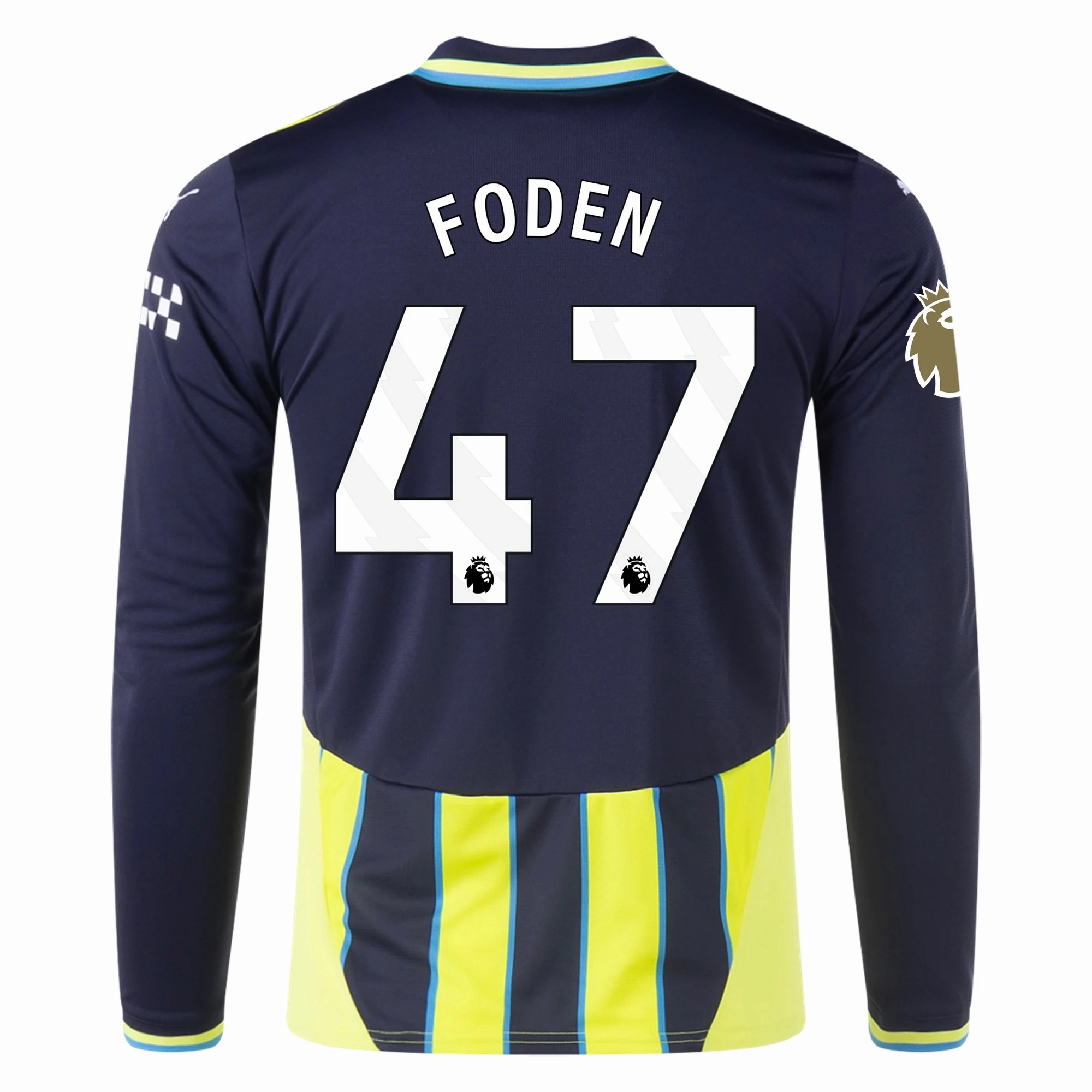 Puma Manchester City Phil Foden Long Sleeve Away Jersey w/ EPL   Club World Cup Patch 24/25 (New Navy/Yellow Glow) Eco Friendly Blend Ready To Move