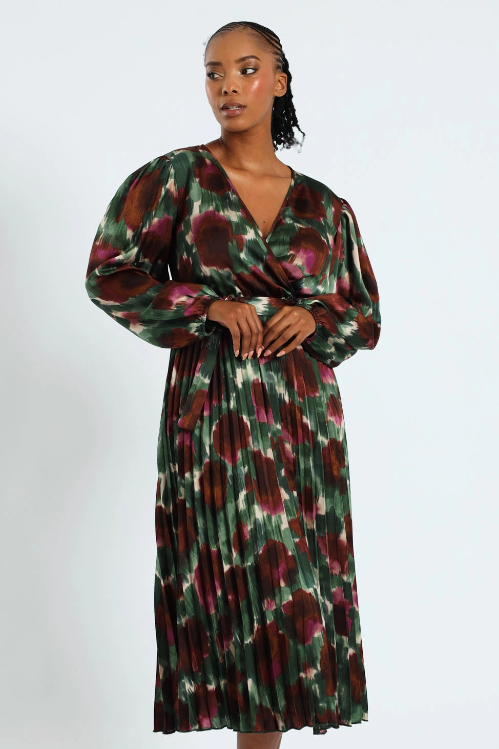 D-Ring Belted Pleated Satin Midi Wrap Dress Comfort Stretch Playful Twist