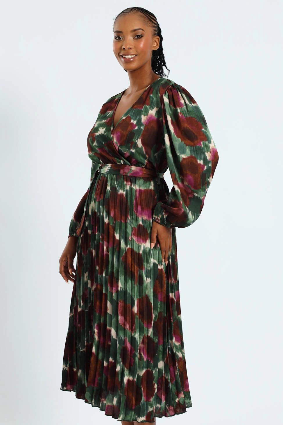 D-Ring Belted Pleated Satin Midi Wrap Dress Bright-colored piece Youthful Mood