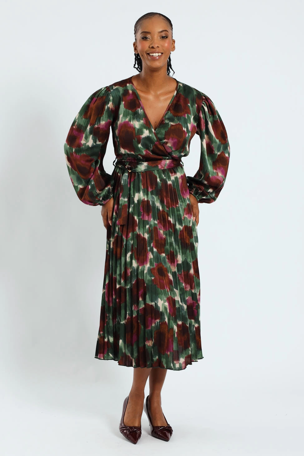 D-Ring Belted Pleated Satin Midi Wrap Dress Timeless Style