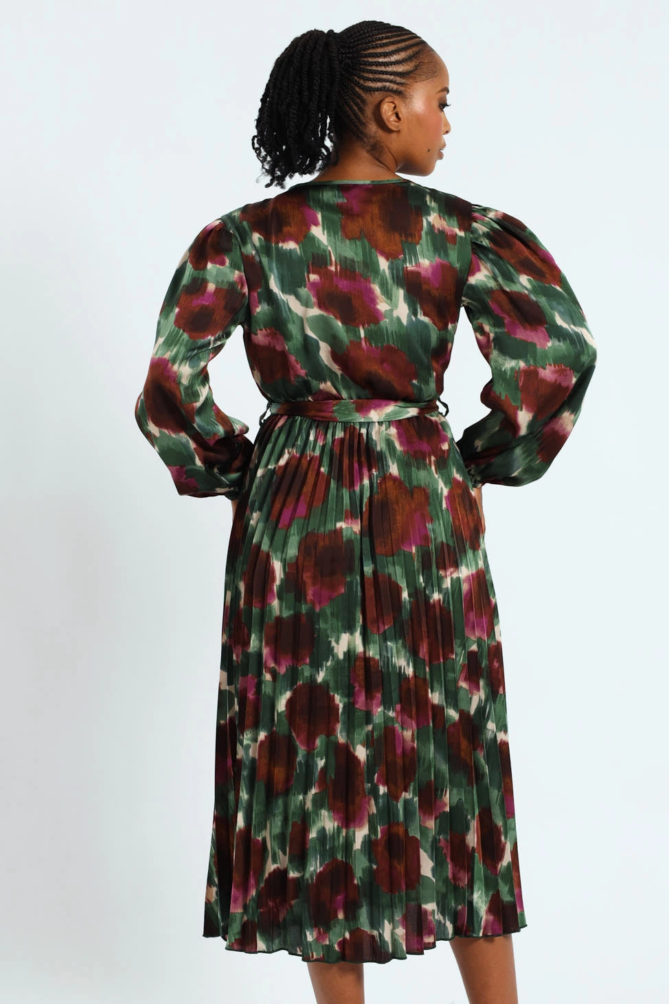 Modern Silhouette D-Ring Belted Pleated Satin Midi Wrap Dress
